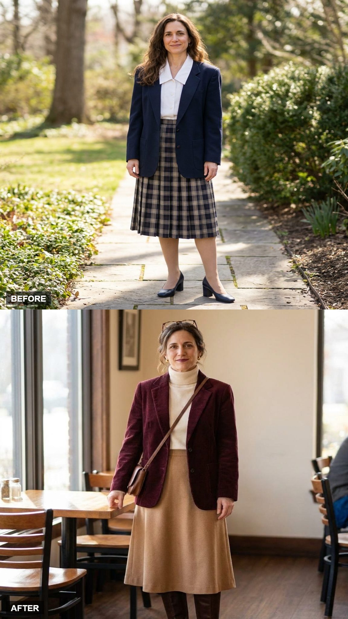 Burgundy Corduroy Blazer and Camel Wool Skirt for the Coffee Shop Novelist Version of You