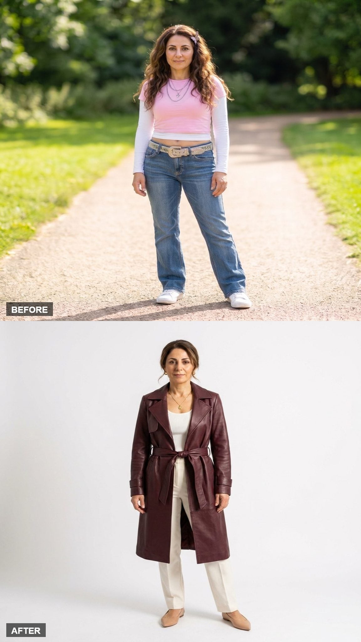 Burgundy Leather-Look Trench With Straight-Leg Ivory Trousers and a Simple Gold Pendant Necklace