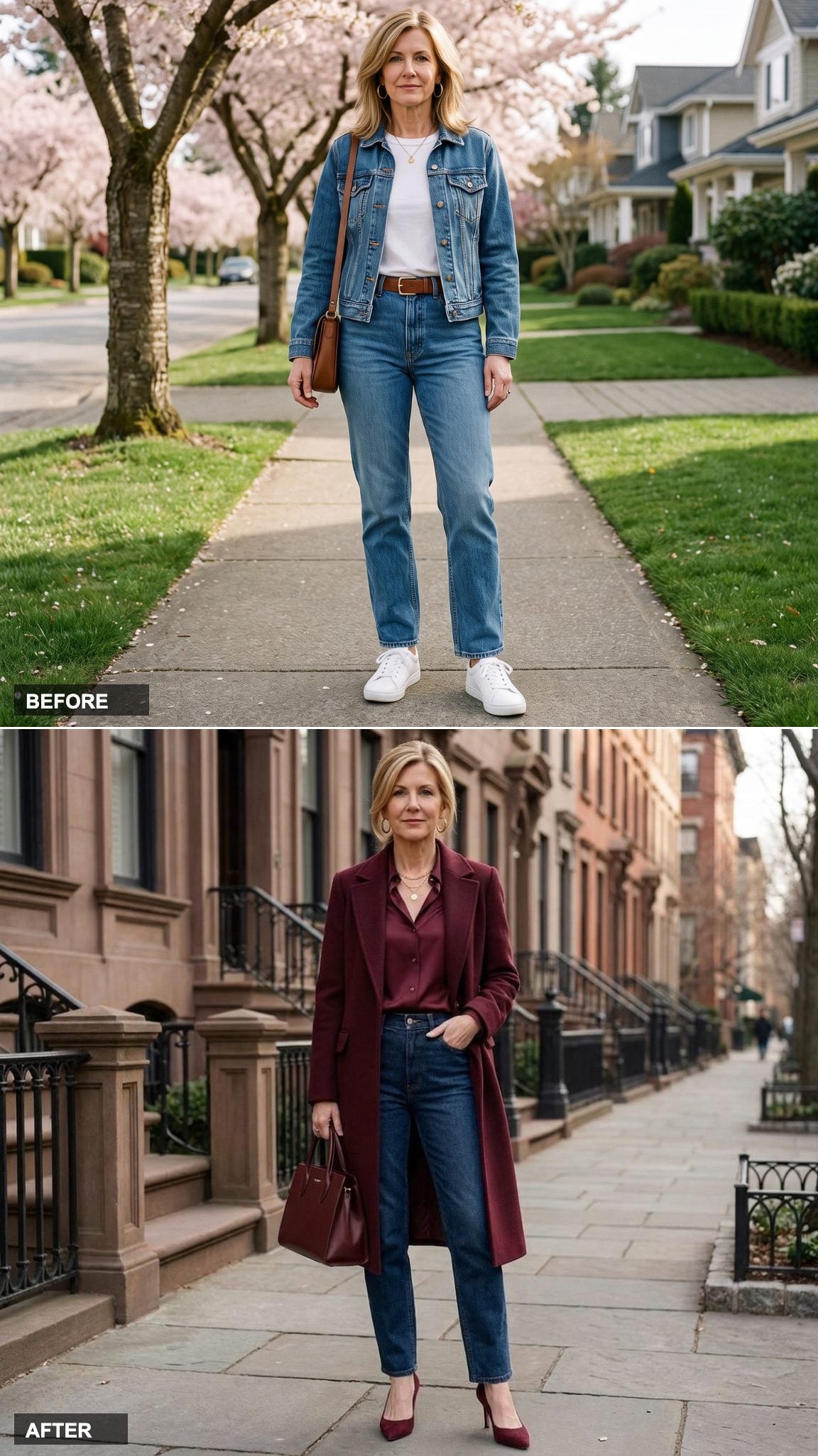 Burgundy Merino Turtleneck, Slim Dark Denim, Tan Kitten-Heel Mules, and a Structured Leather Bag That Signals Exactly Who's