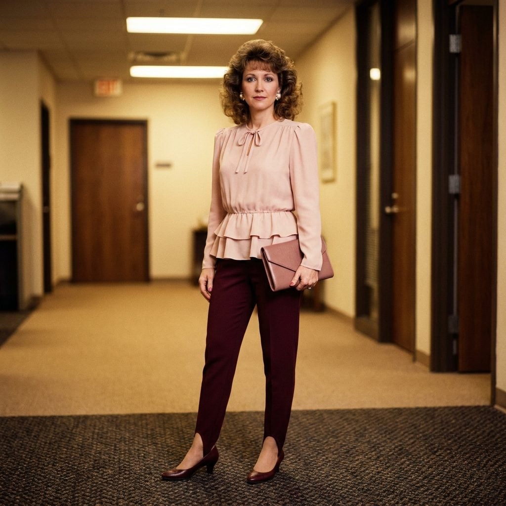 The Burgundy Stirrup Pant With a Blush Peplum Blouse and the Pearl Earrings That Finished the Whole Thing