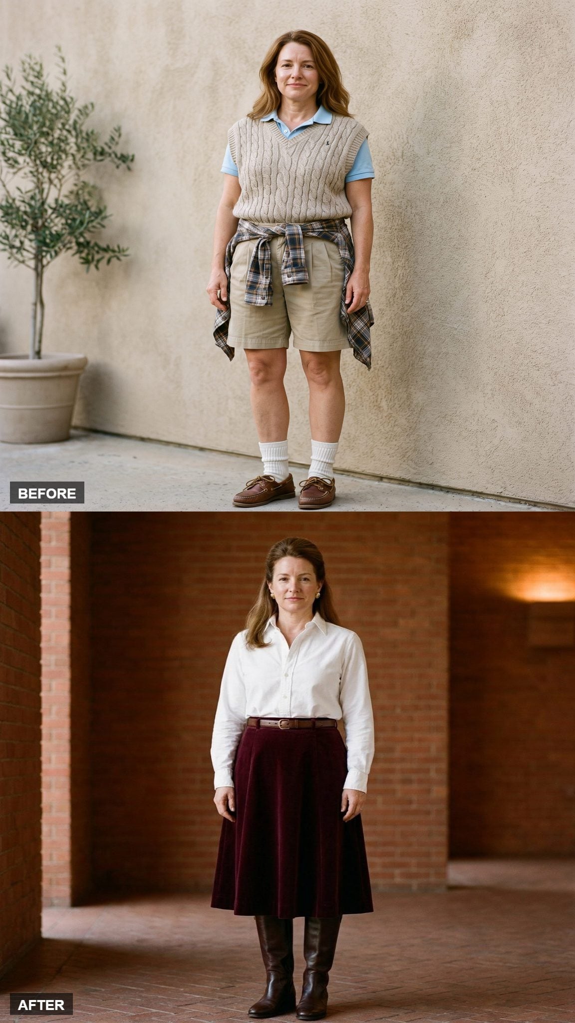 Burgundy Velvet Midi Skirt, White Oxford Shirt Half-Tucked, and Brown Leather Boots