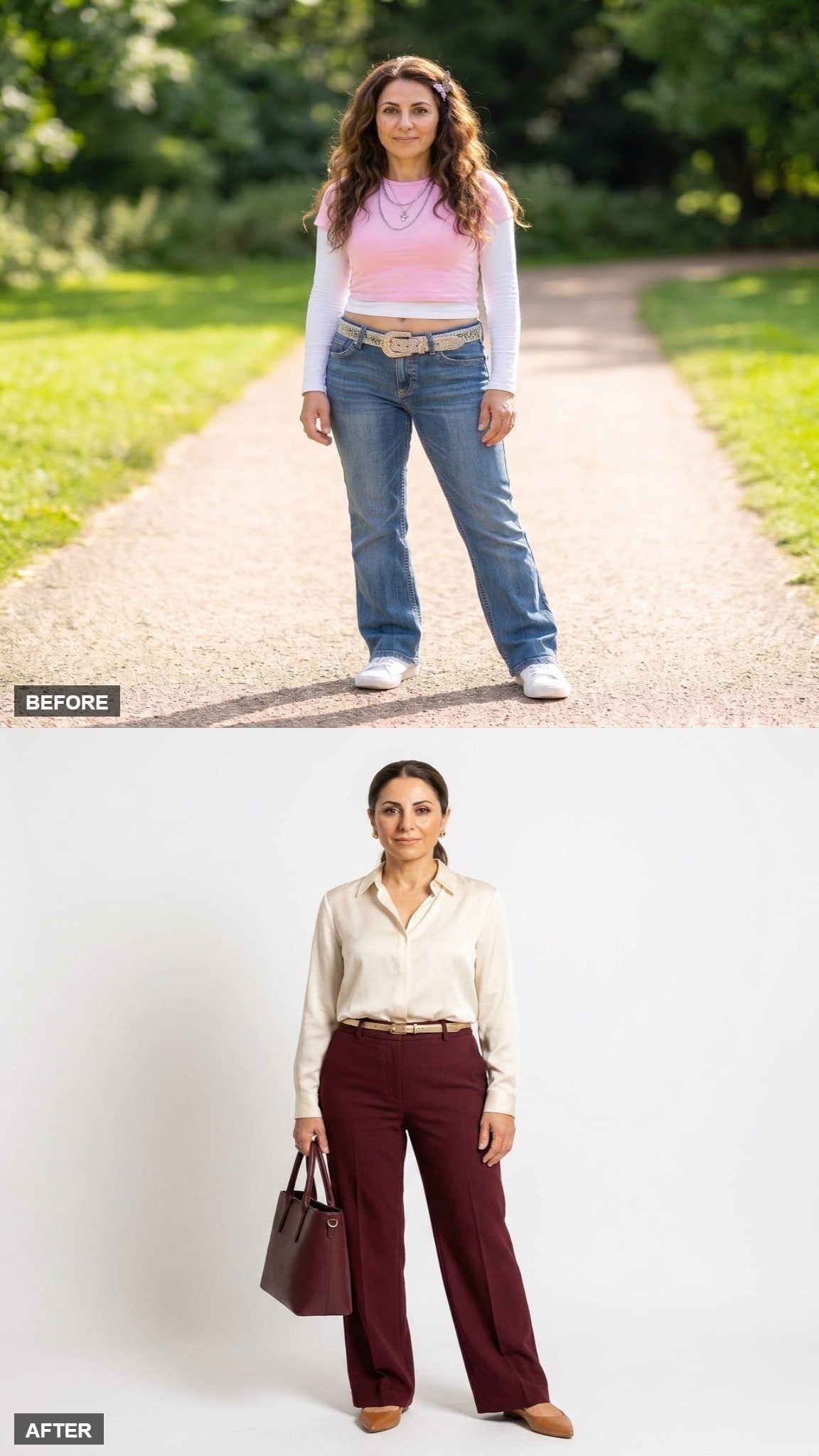 Burgundy Wide-Leg Trousers With a Cream Silk Blouse and Pointed Tan Flats