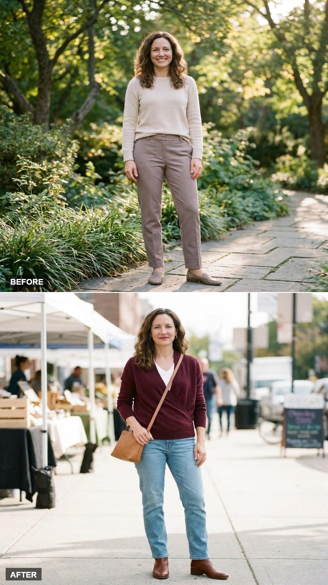 Burgundy Wrap Cardigan, Straight-Leg Light Wash Jeans, and Ankle Boots for a Sunday Afternoon Errand Run