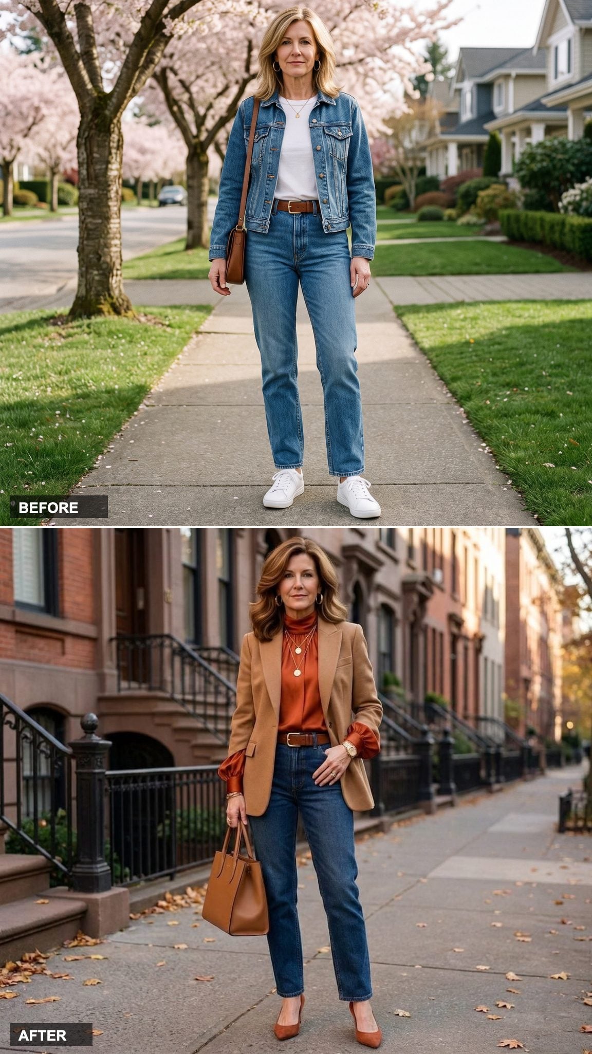 Burnt Orange Silk Blouse, Camel Blazer, and Gold Jewelry for an Autumn-Rich Denim Look