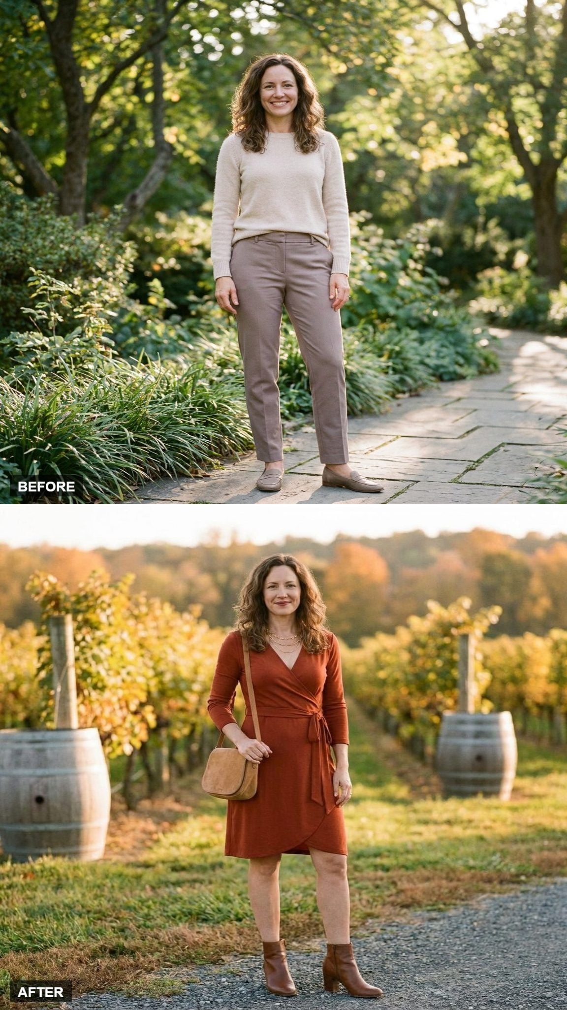 Burnt Orange Wrap Dress and Brown Leather Ankle Boots for a Winery Afternoon