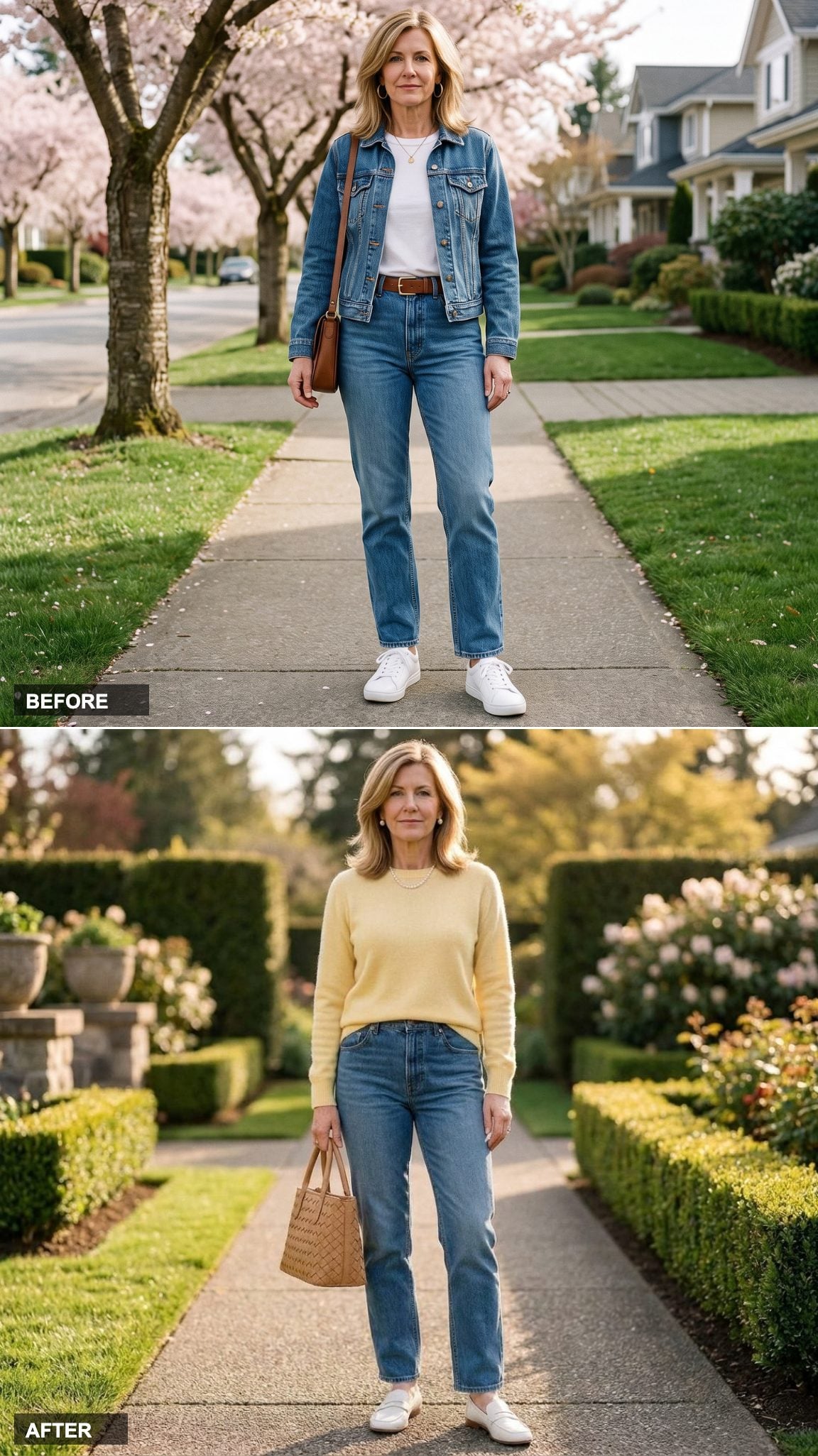Butter-Yellow Cashmere, White Loafers, Pearl Jewelry, and a Woven Handbag With Straight-Leg Jeans