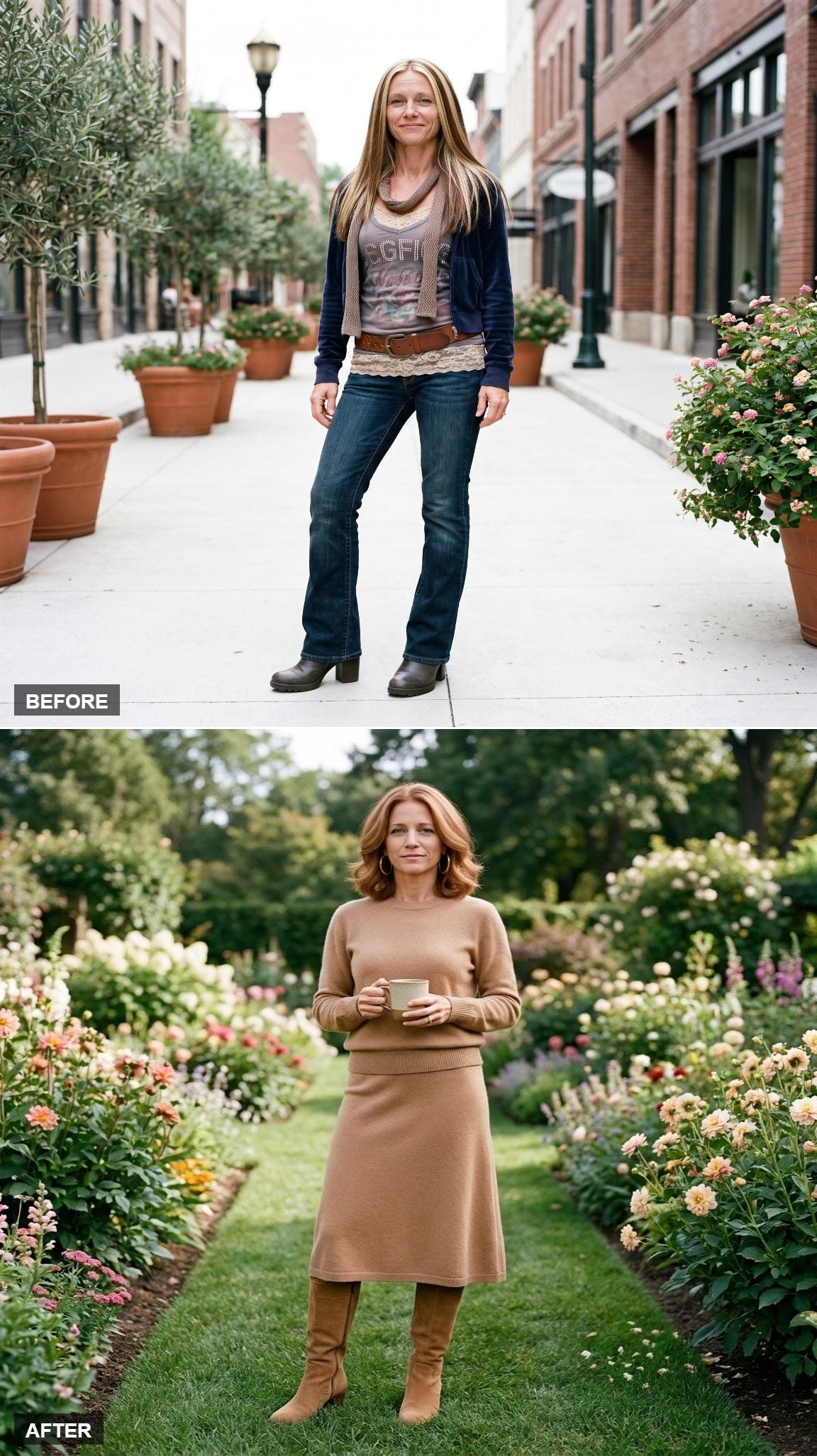 Camel Knit Sweater and Midi Skirt with Suede Knee-High Boots: When Coordination Does All the Work