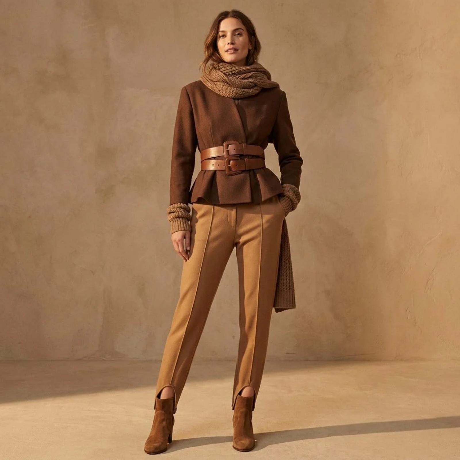 Camel stirrup pants styled with a chocolate-brown peplum top