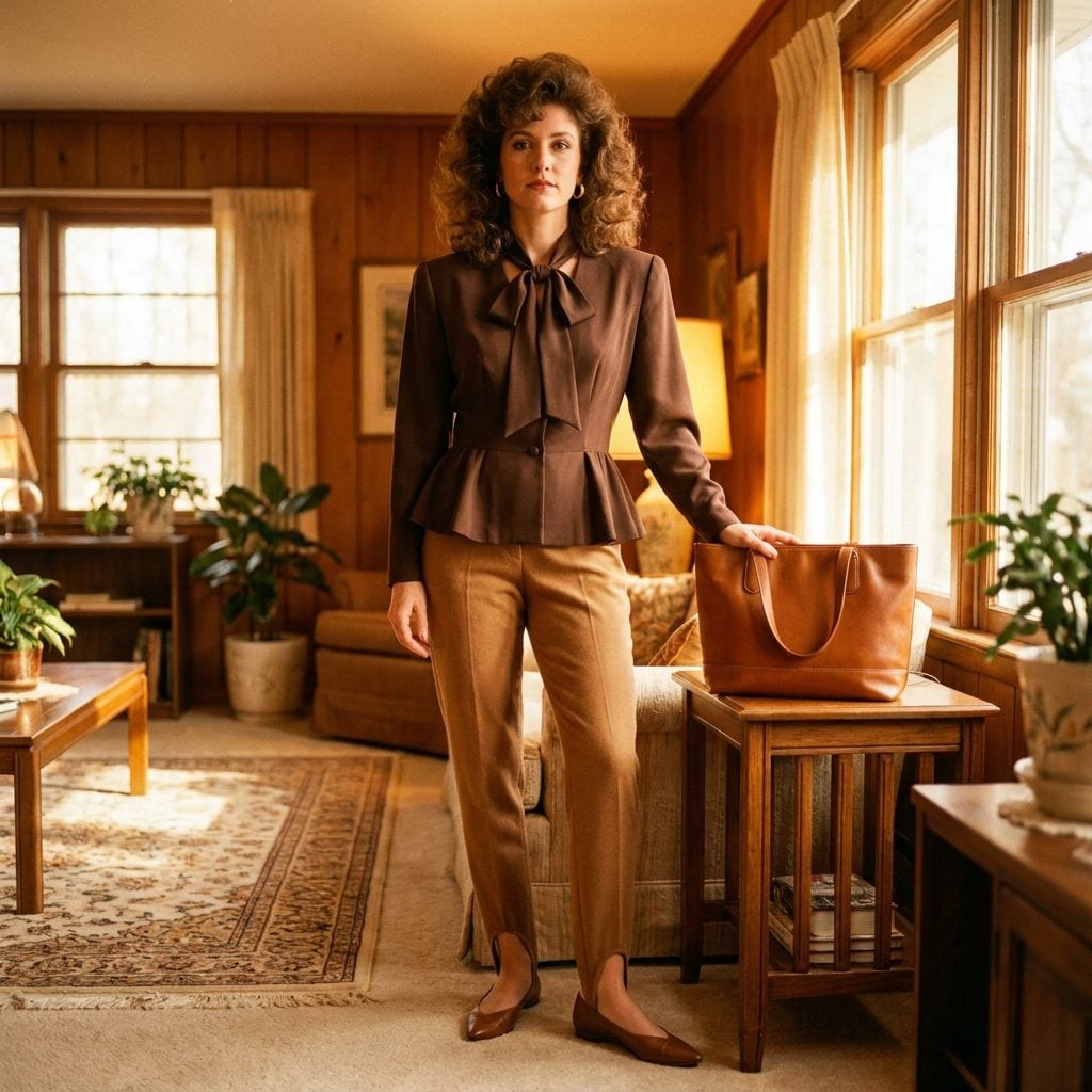 Camel Stirrup Pants With a Chocolate Brown Peplum Top That Was Basically the Whole Color Palette