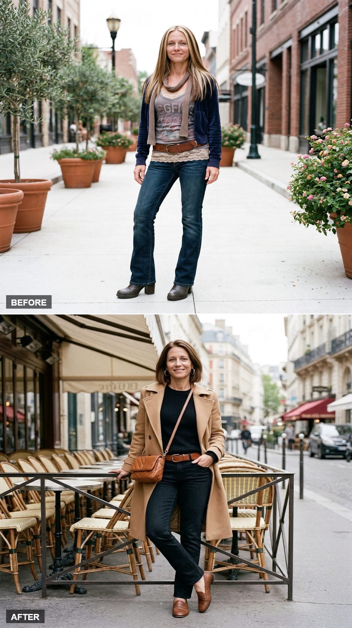 Camel Trench Over a Black Knit, Dark Straight-Leg Jeans, and Cognac Leather That Pulls the Whole French Girl Look Together