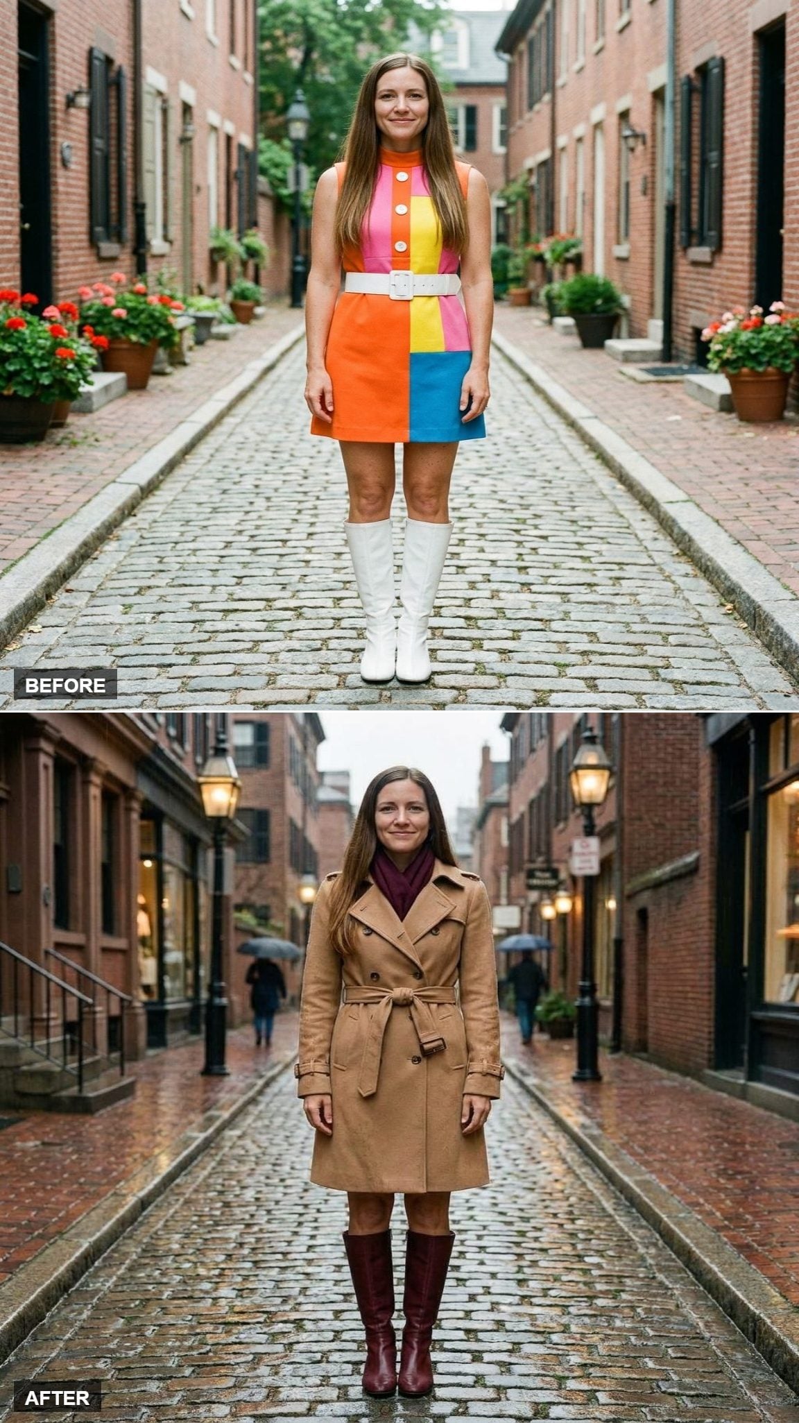 Camel Trench and Burgundy Boots for a Gray City Morning
