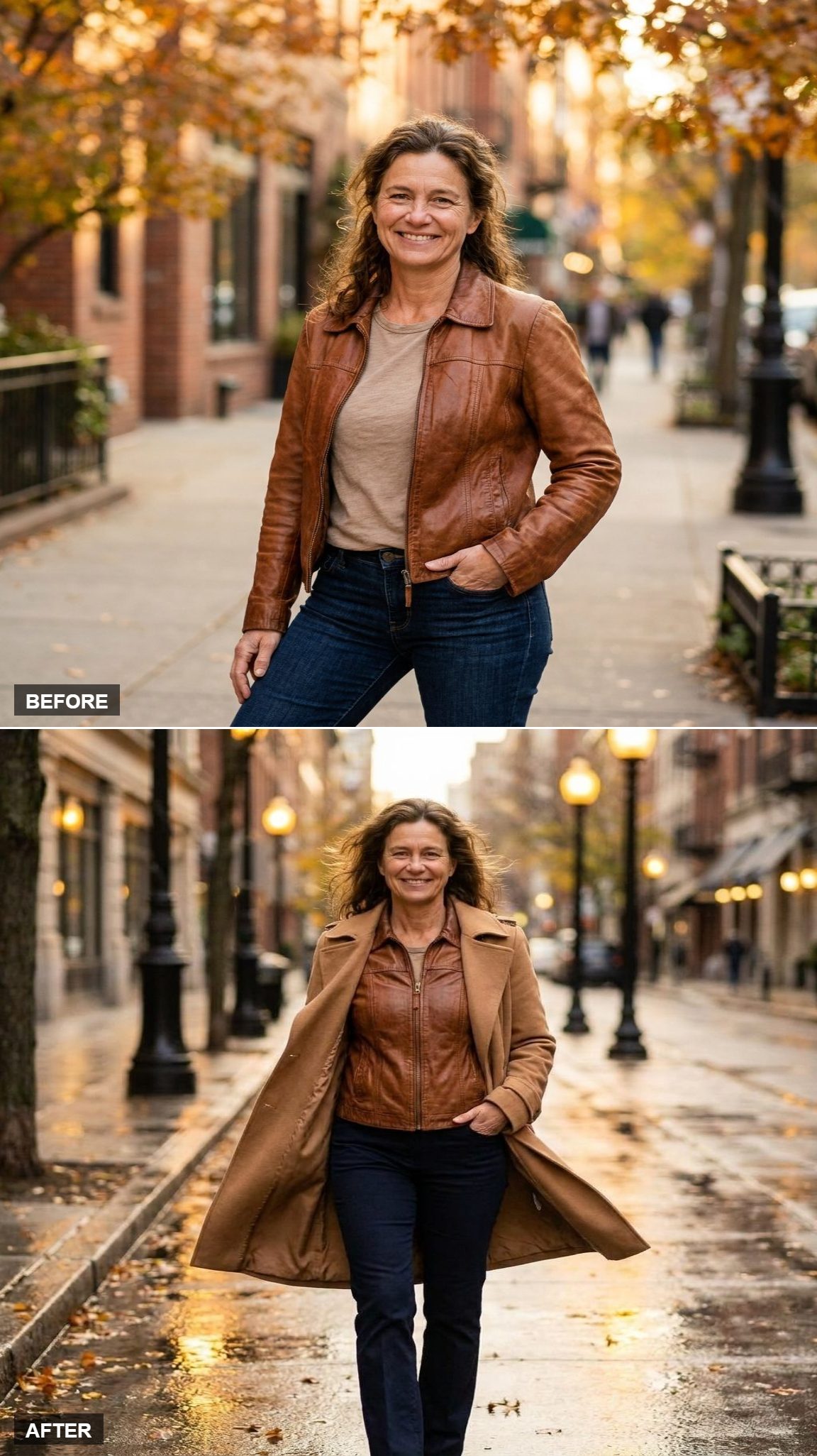 Camel Trench Over Leather Jacket, Straight-Leg Trousers, Wind in Her Hair, Layering Done Properly