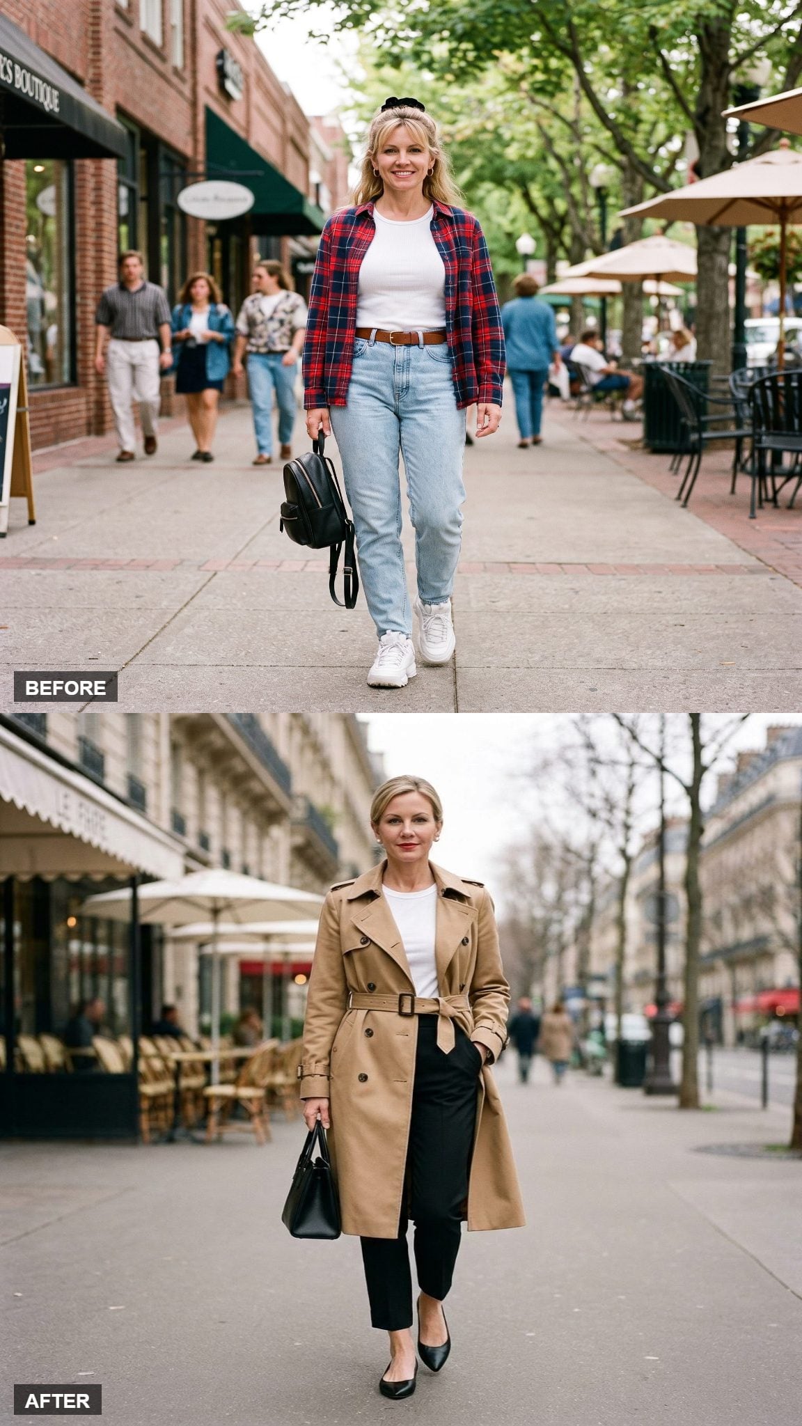 Camel Trench Over White Tee and Black Cigarette Pants