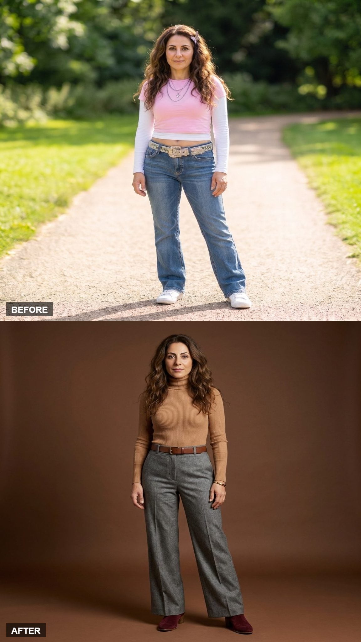 Camel Turtleneck Bodysuit With High-Waisted, Wide-Leg Gray Flannel Trousers and Burgundy Ankle Boots