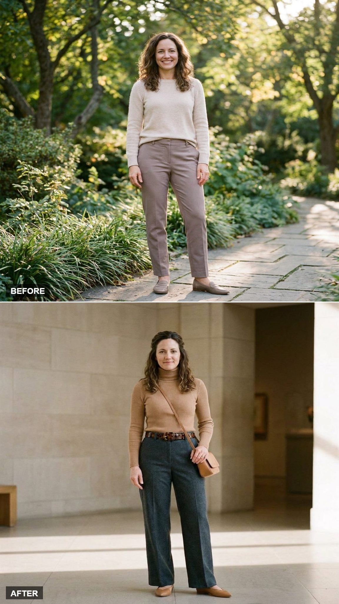 Camel Turtleneck, Wide-Leg Charcoal Trousers, and Tortoiseshell Belt for a Museum Visit