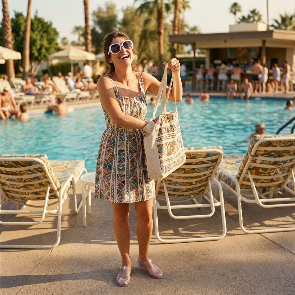 The Canvas Tote in a Matching Print, the White Plastic Sunglasses, and the Jellies, a Complete Sentence