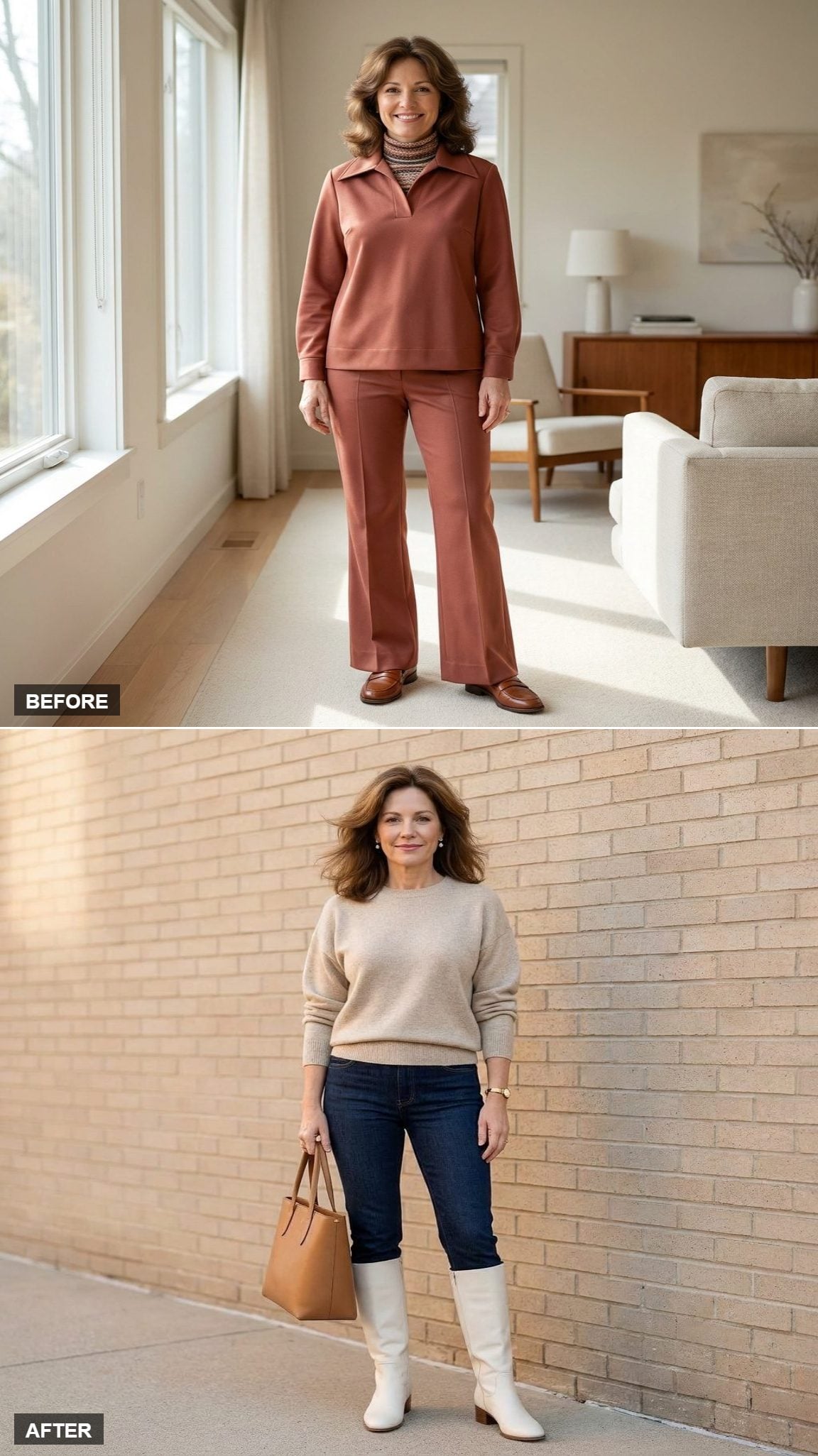 Capsule Weekend in an Oatmeal Cashmere Crew-Neck, Dark Slim Jeans, and White Leather Boots