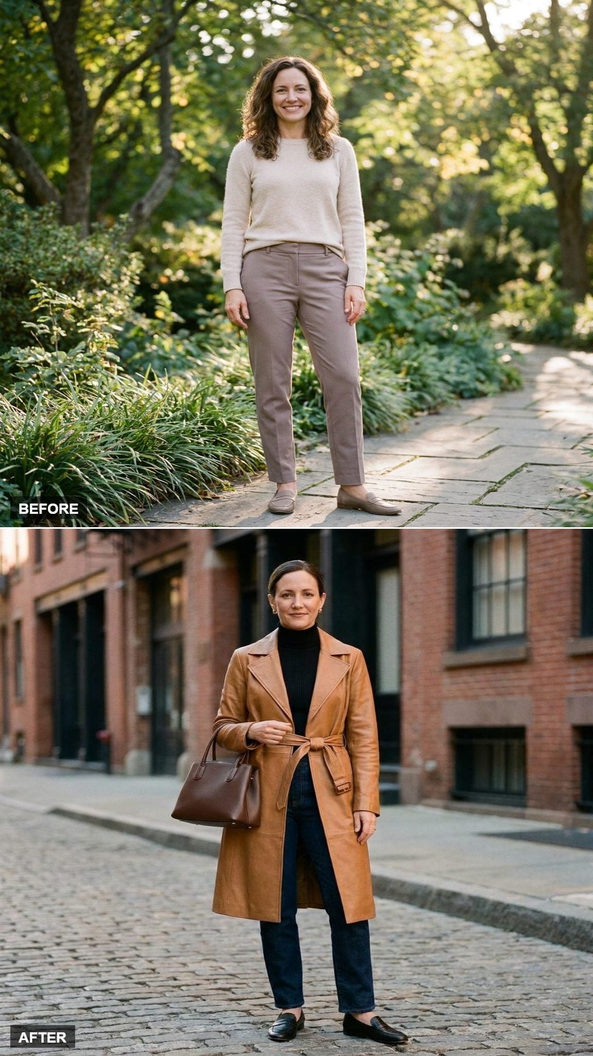 Caramel Leather Trench, Slim Black Turtleneck, Dark Jeans, and a Structured Chocolate Handbag for a City Weekend