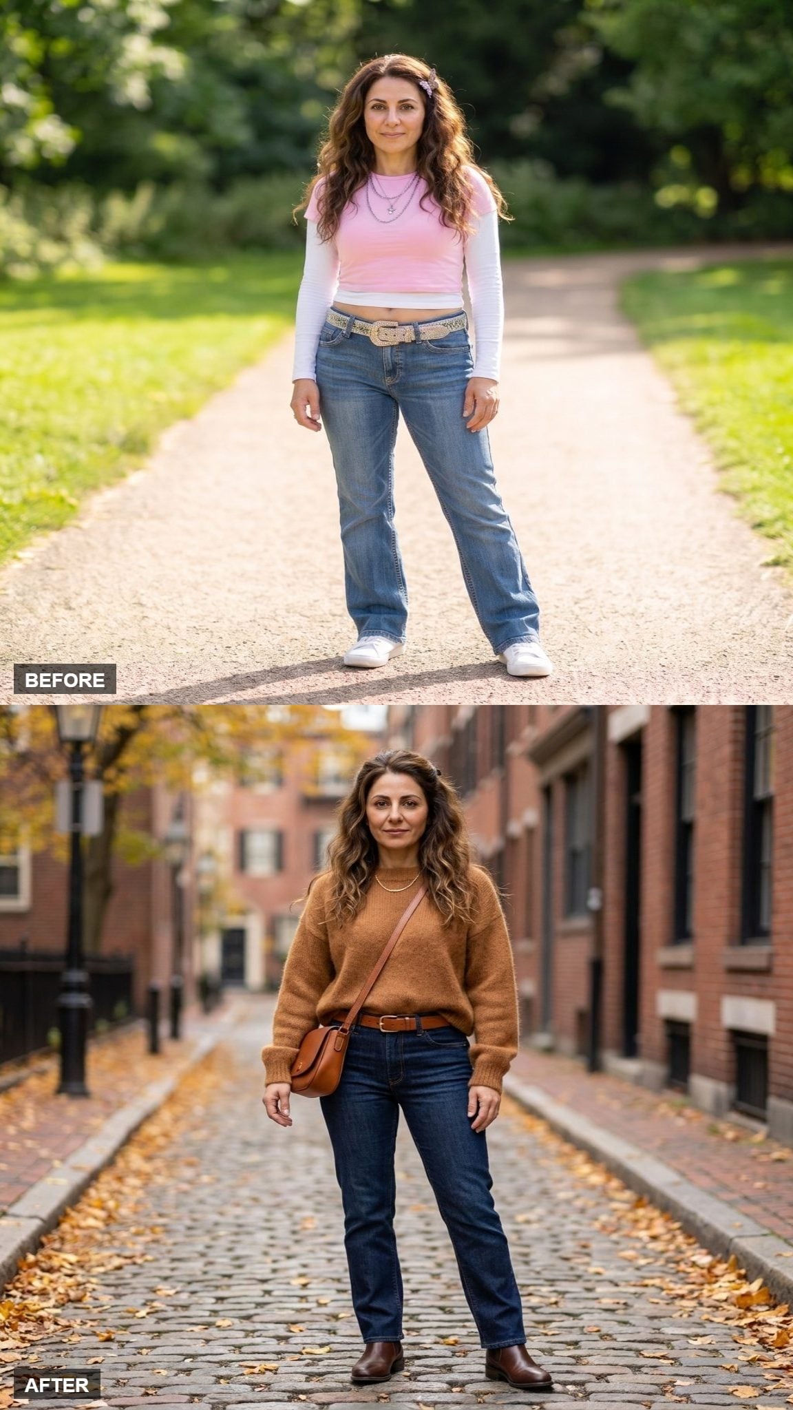 Caramel Textured Sweater With Dark Wash Straight Jeans, a Brown Belt, and Ankle Chelsea Boots