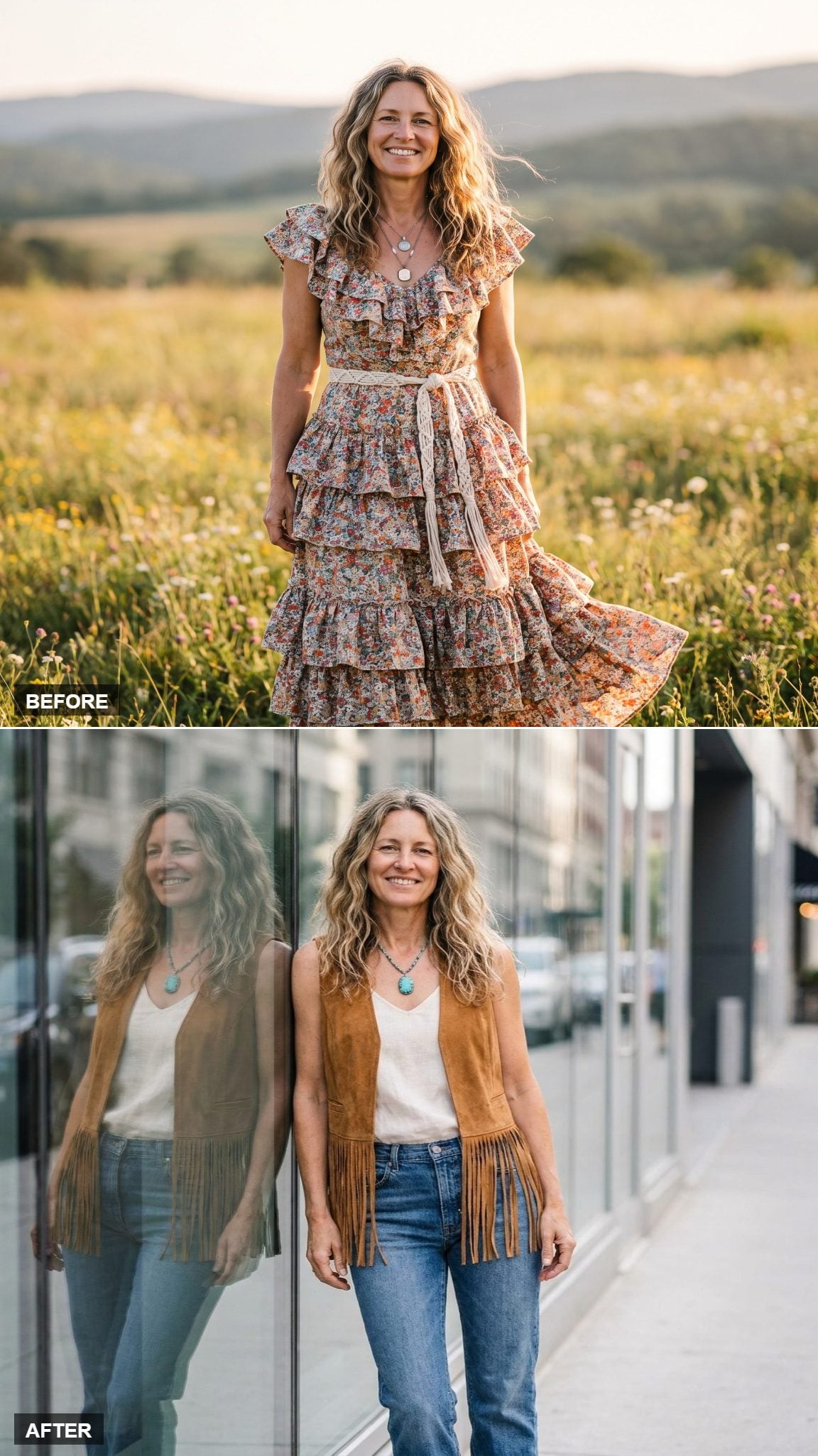 A Caramel Suede Fringe Vest, Ivory Linen, and One Turquoise Pendant Do the Heavy Lifting