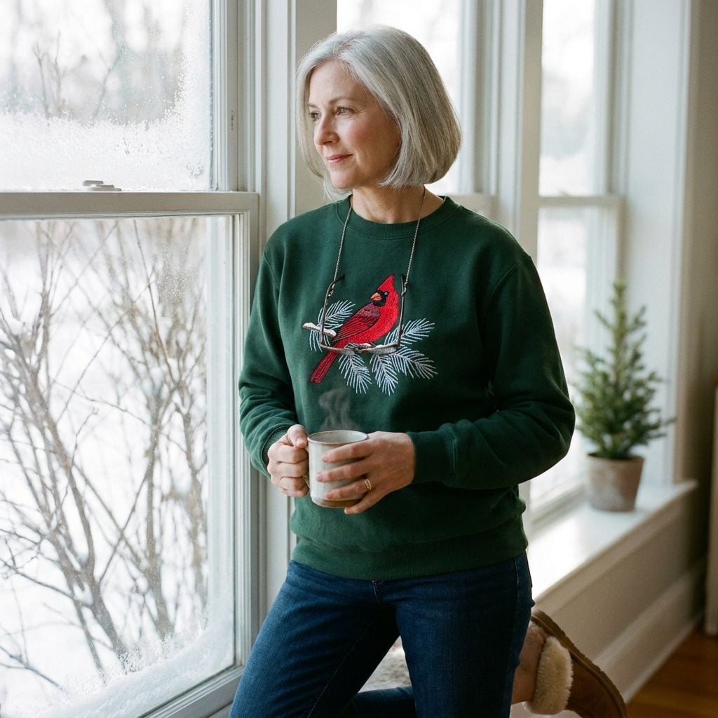 The Cardinal on a Snowy Branch Sweatshirt in Forest Green Your Aunt Also Had