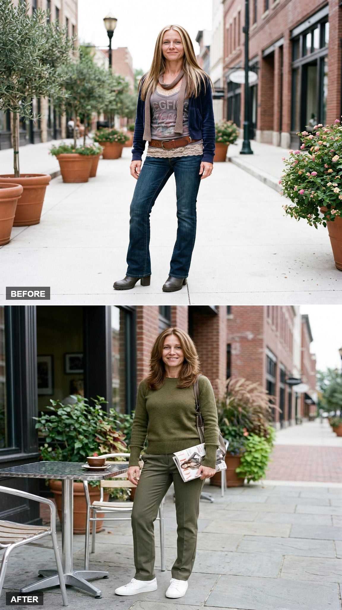 Cashmere Sweater, Olive Tailored Pants, and White Sneakers at an Outdoor Café