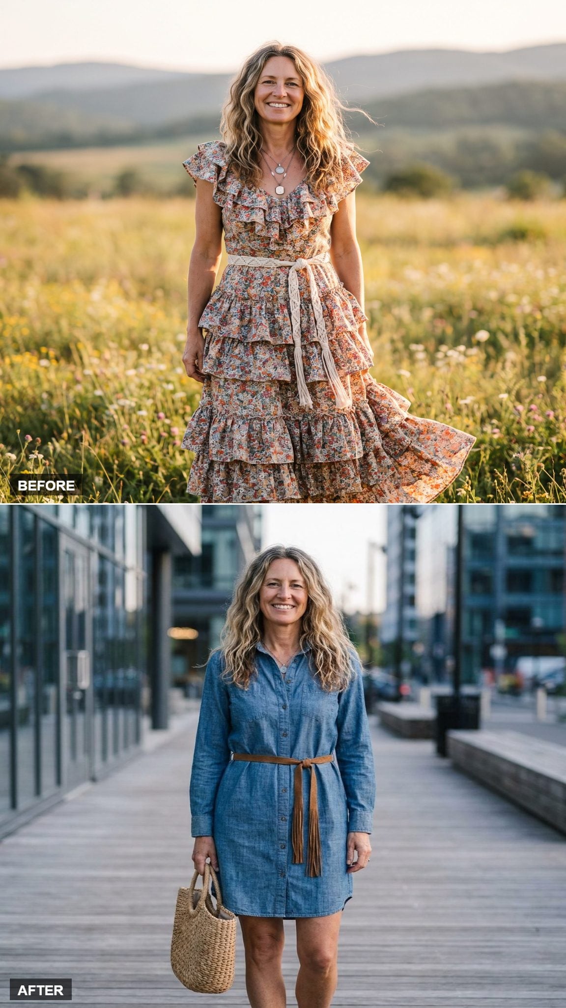 Chambray Shirt-Dress, Thin Suede Fringe Belt, Straw Tote on a Wooden Boardwalk