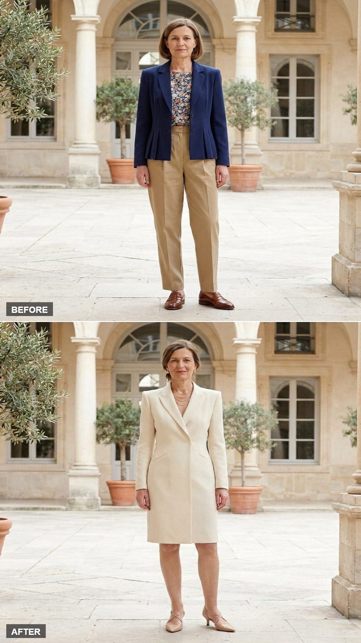 Champagne Brunch in a Cream Blazer Dress, Nude Strappy Heels, and Delicate Gold Layered Necklaces