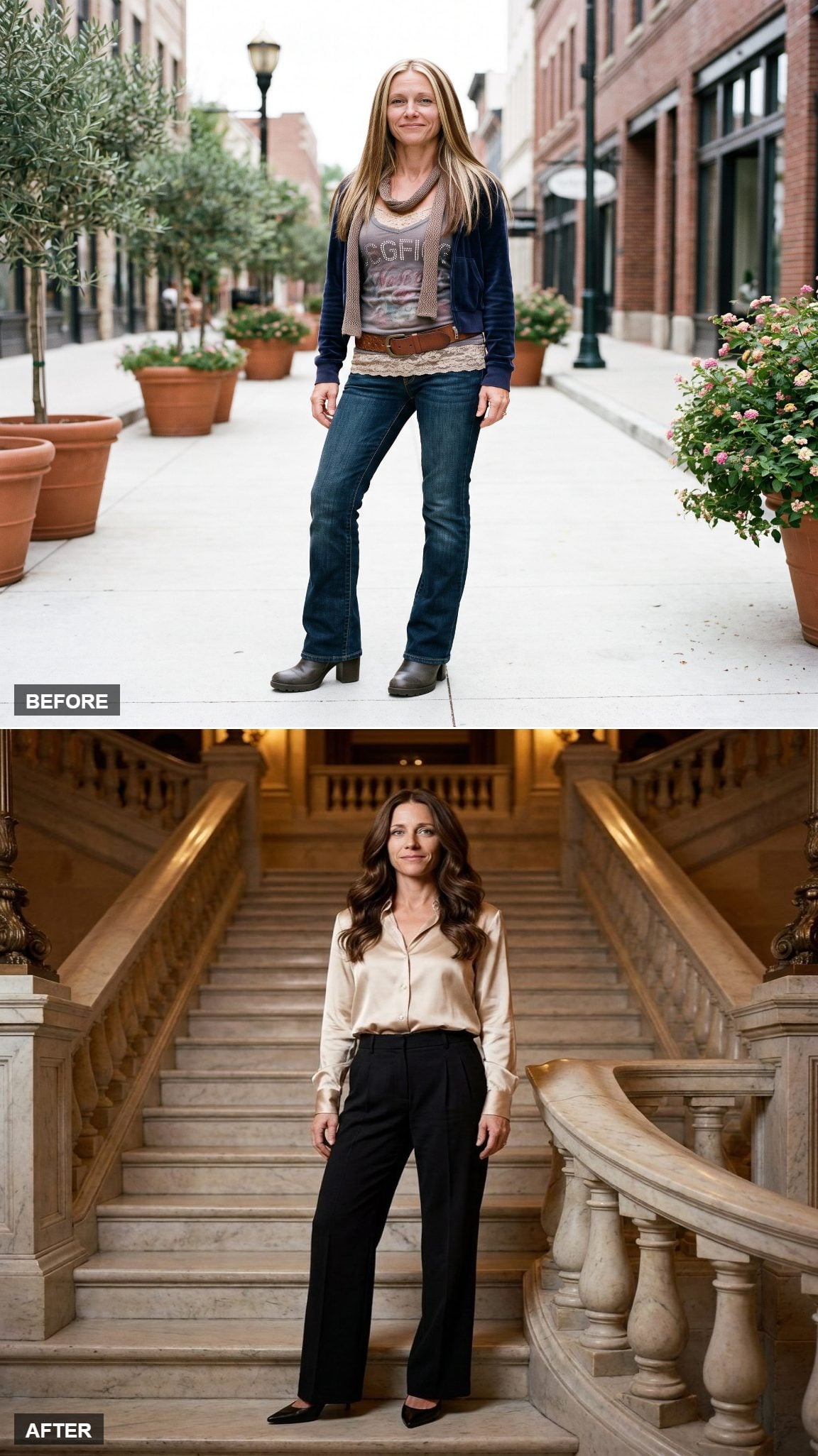 Champagne Satin Blouse, Black Pleated Wide-Leg Trousers, and Pointed Pumps at the Base of a Marble Staircase