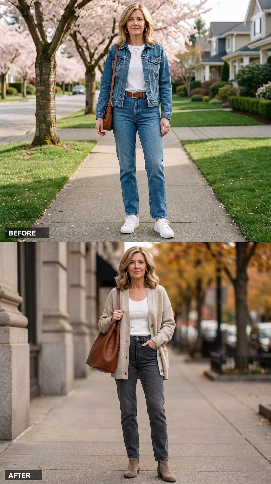 Charcoal Gray Denim, an Oatmeal Cashmere Cardigan, and a White Ribbed Tank Done in Quiet Luxury Layers