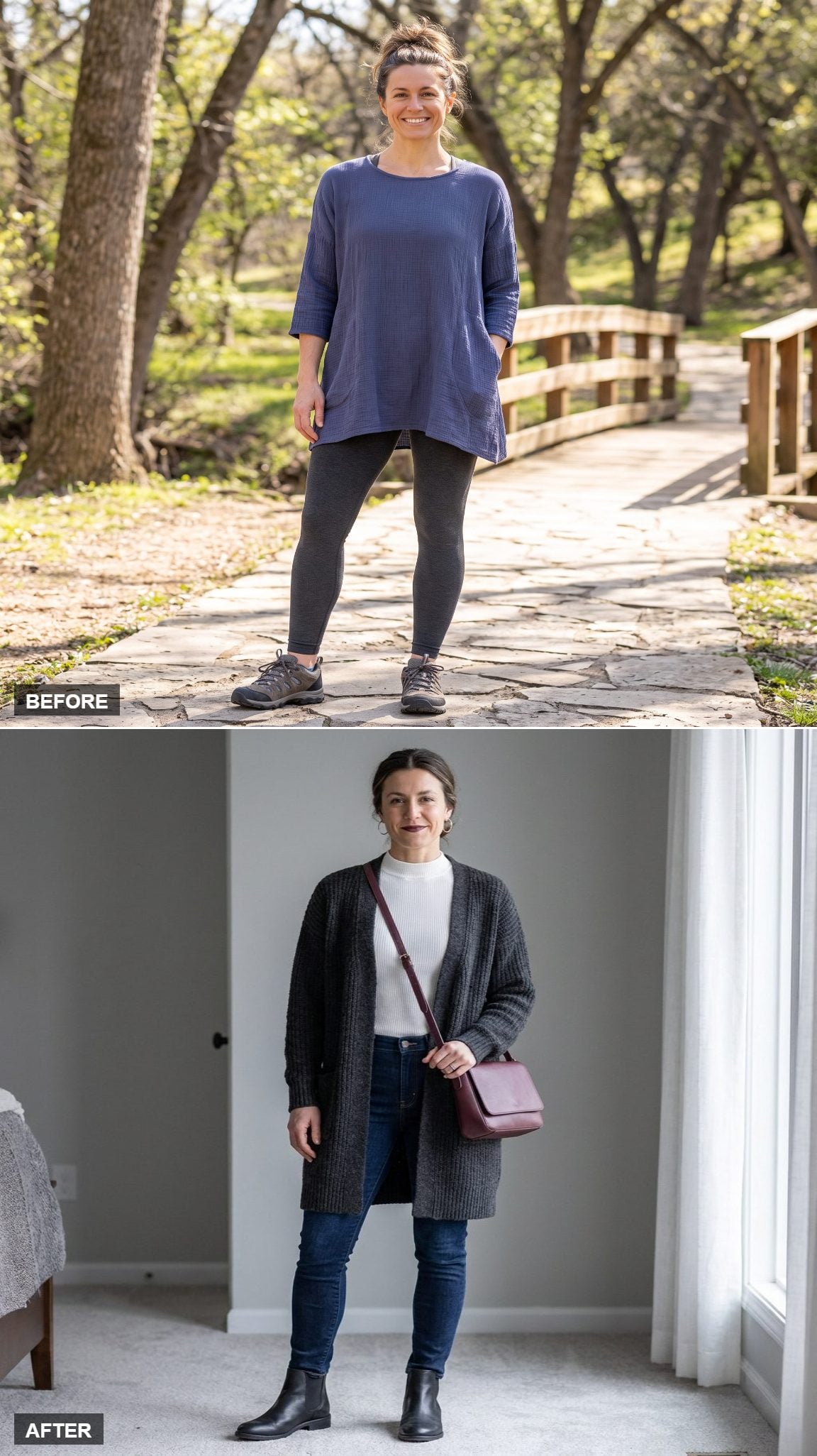 Charcoal Longline Cardigan, White Fitted Mock Neck, Slim Dark Indigo Jeans, and Chelsea Boots for Crisp Autumn Air