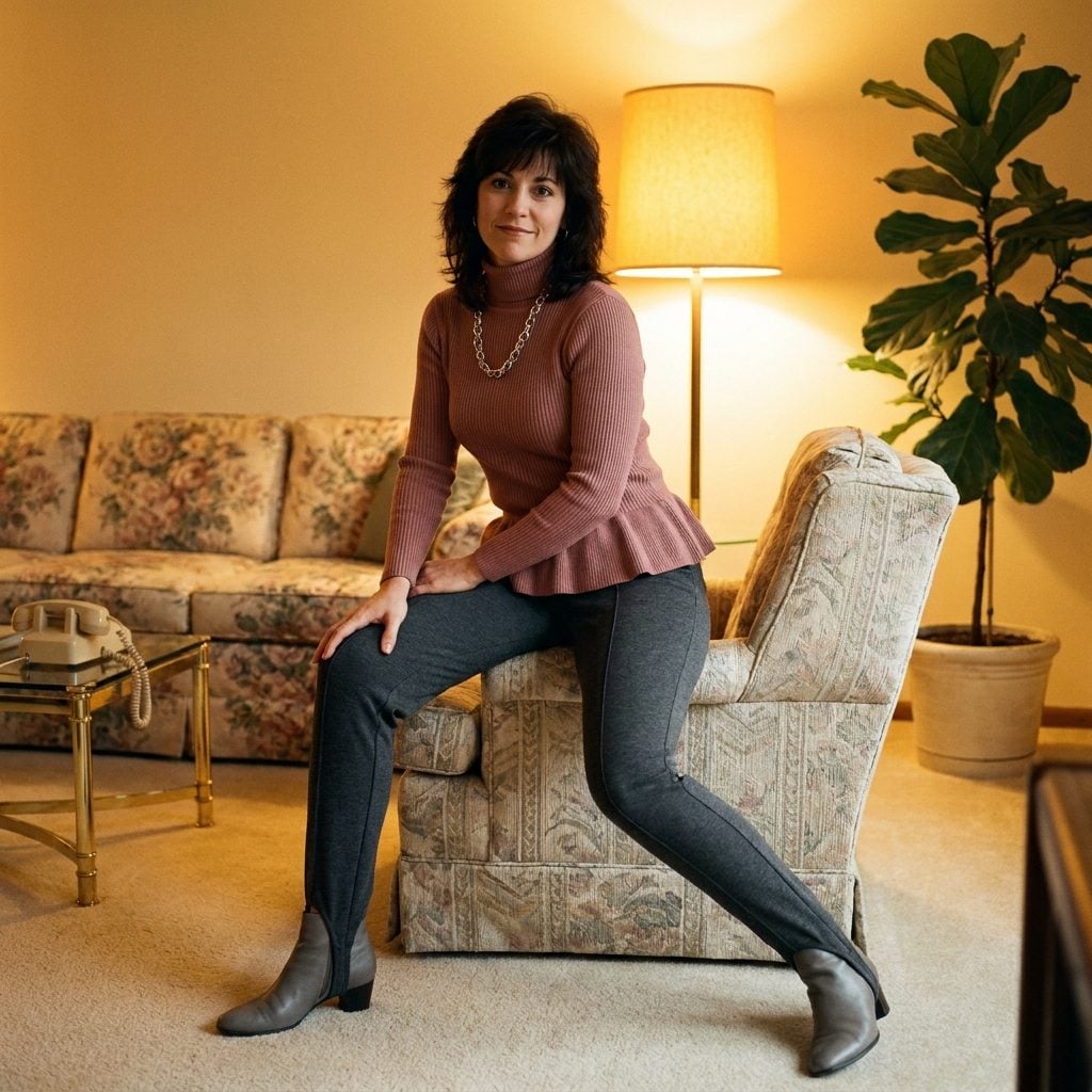 The Charcoal Stirrup Pant With a Dusty Rose Peplum Turtleneck and the Chunky Silver Chain Contempo Casuals Always Seemed to Have