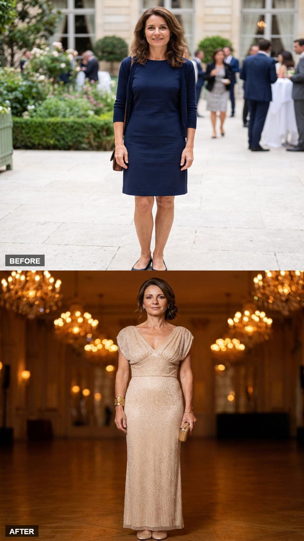 Charity Gala Poise in Champagne Beaded Gown
