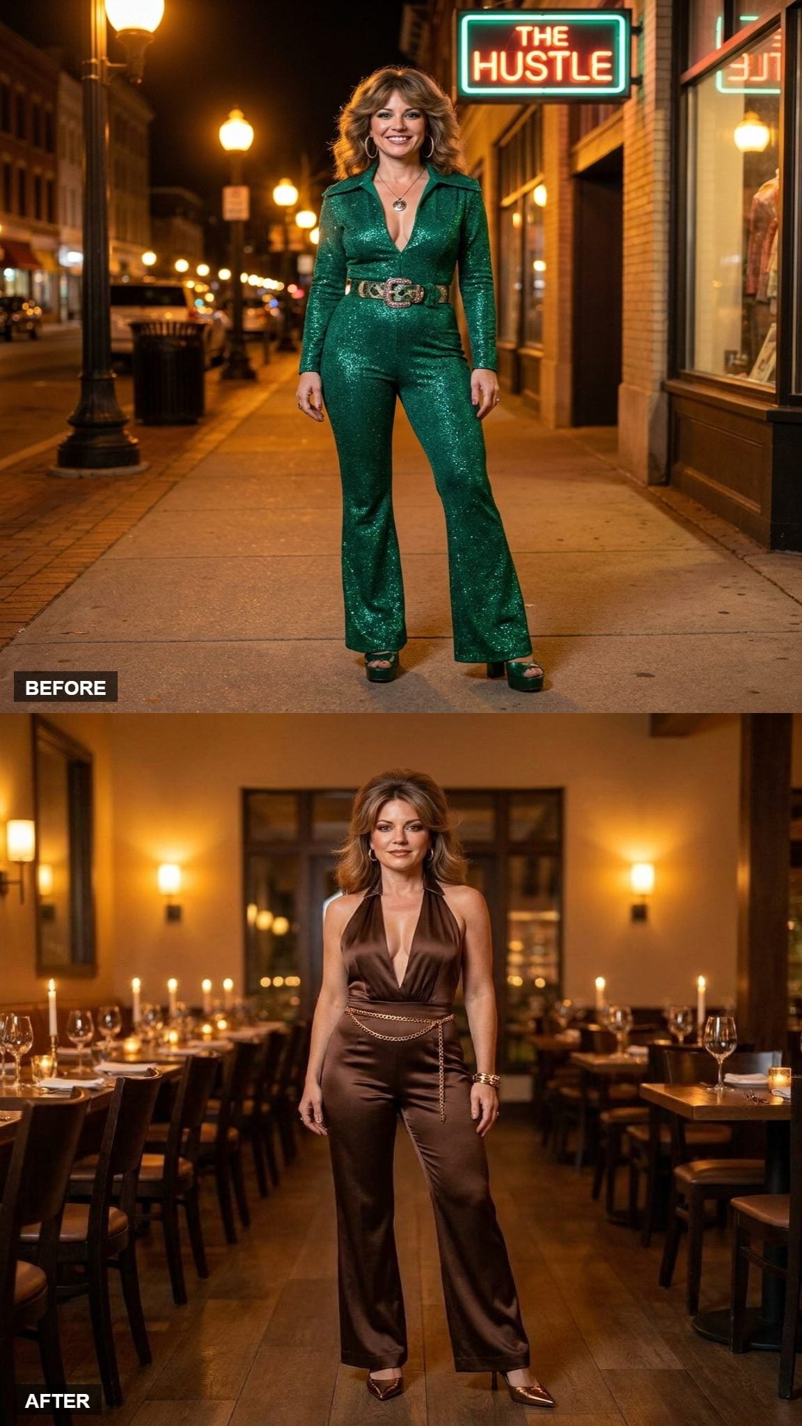 Chocolate Brown Halter Jumpsuit with a Gold Chain Belt