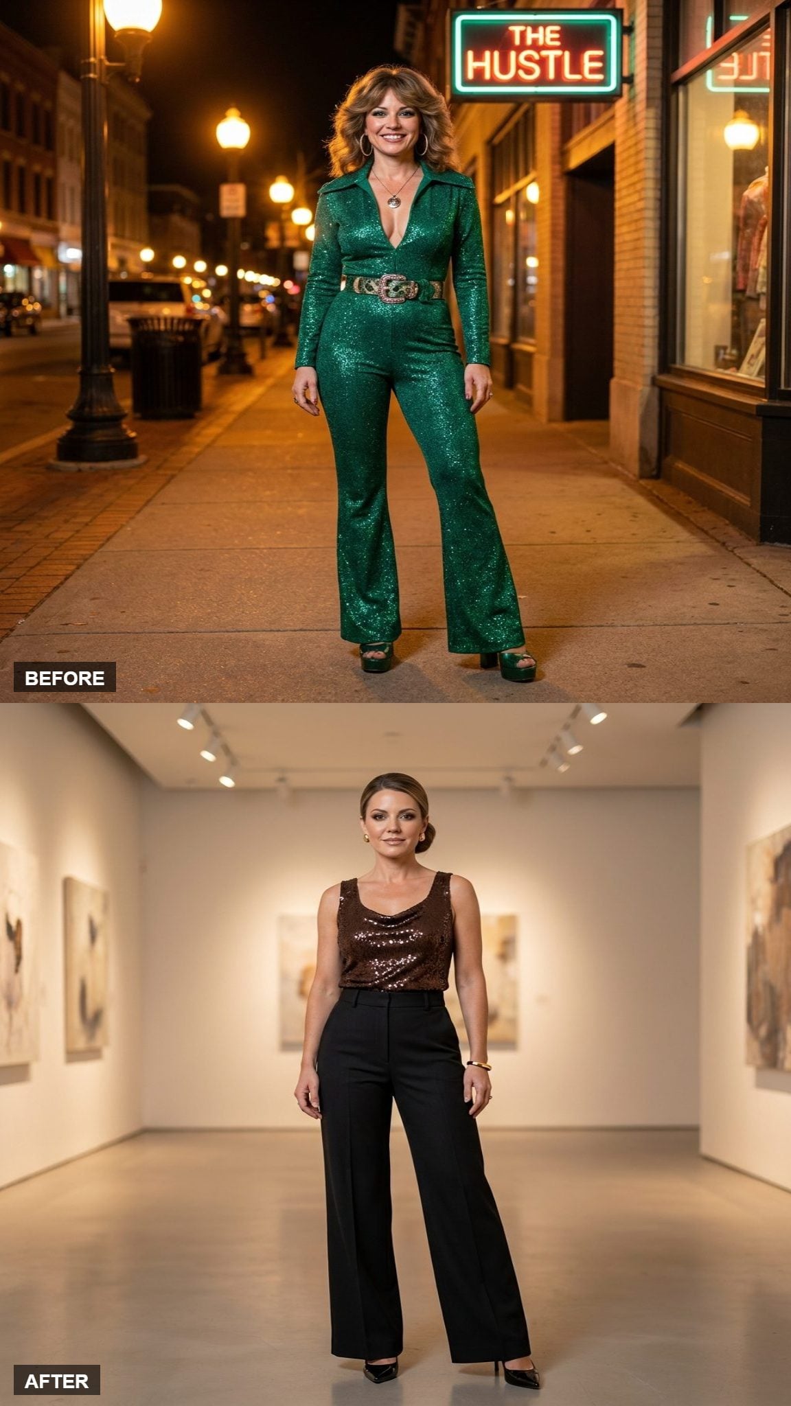 Chocolate Sequin Tank with High-Waisted Black Wide-Leg Trousers