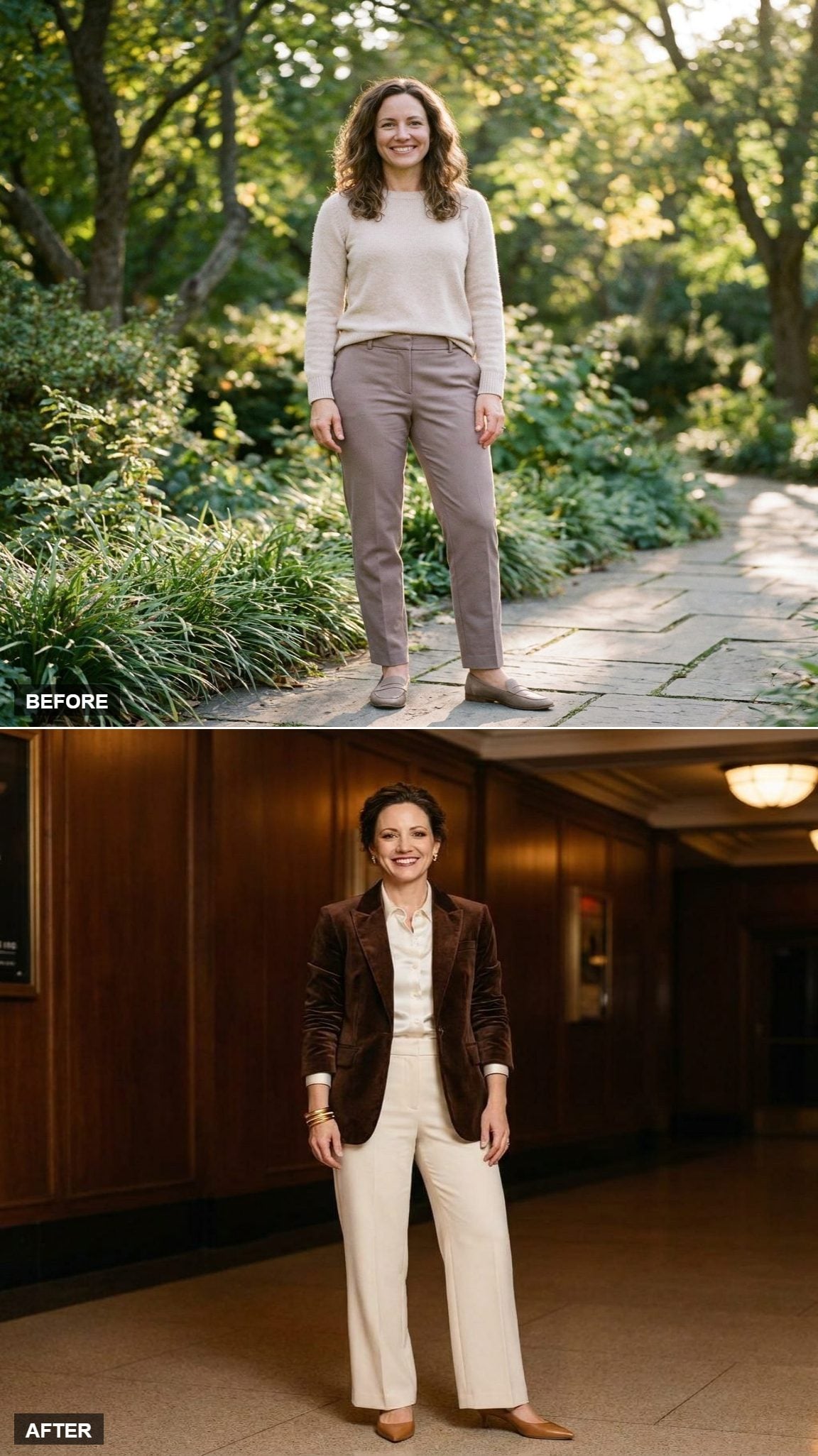 Chocolate Velvet Blazer, Cream Wide-Leg Trousers, and a Stack of Warm Gold Bracelets for a Theater Night