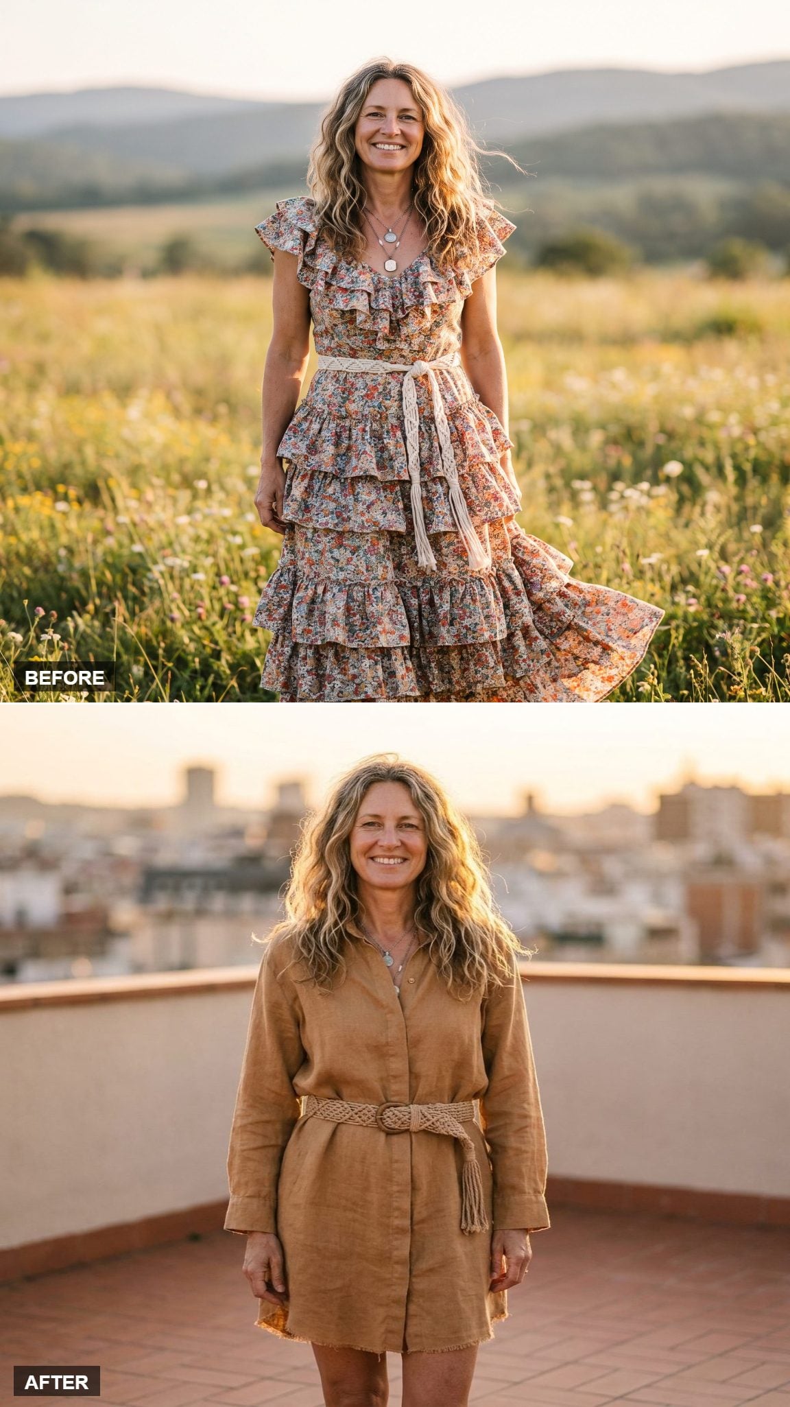 A Chunky Macramé Belt Cinching a Camel Linen Shirt-Dress Is the Only Contrast You Need