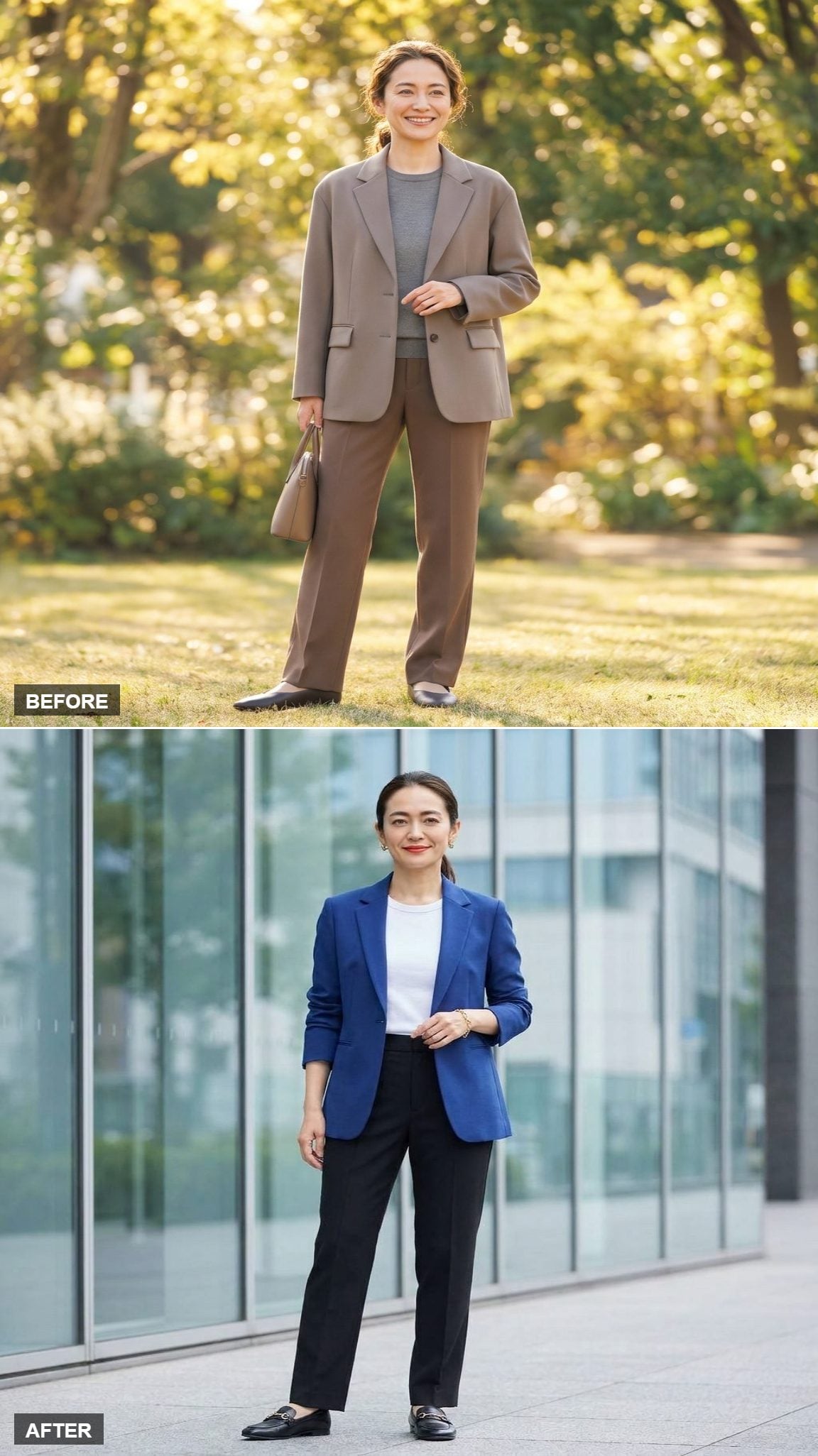 City Confidence in a Cobalt Blazer, White Fitted Tee, Black Straight-Leg Pants, and Loafers