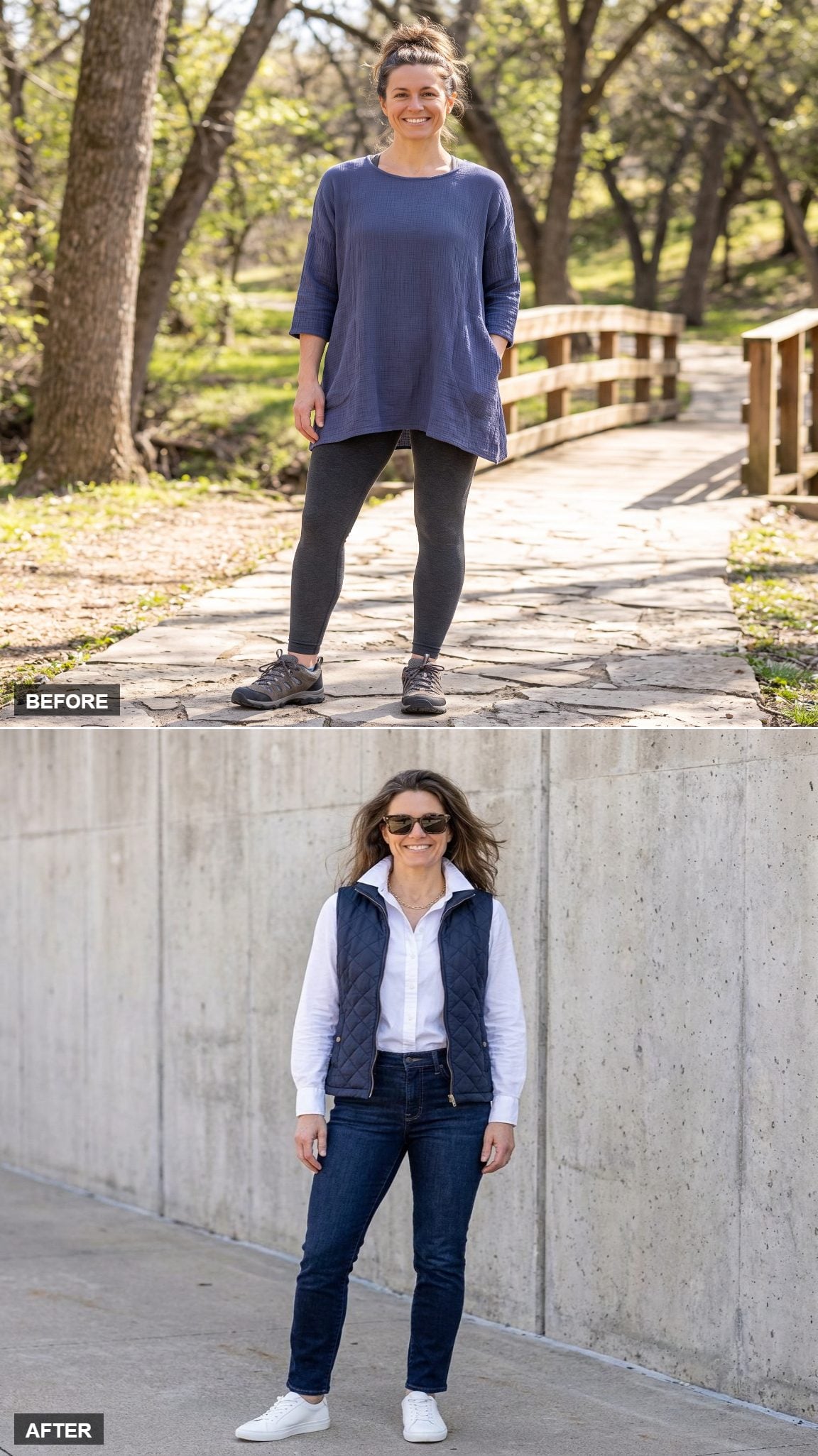 City Errand Run in a Quilted Vest, White Poplin Shirt, Dark Indigo Jeans, and White Leather Sneakers