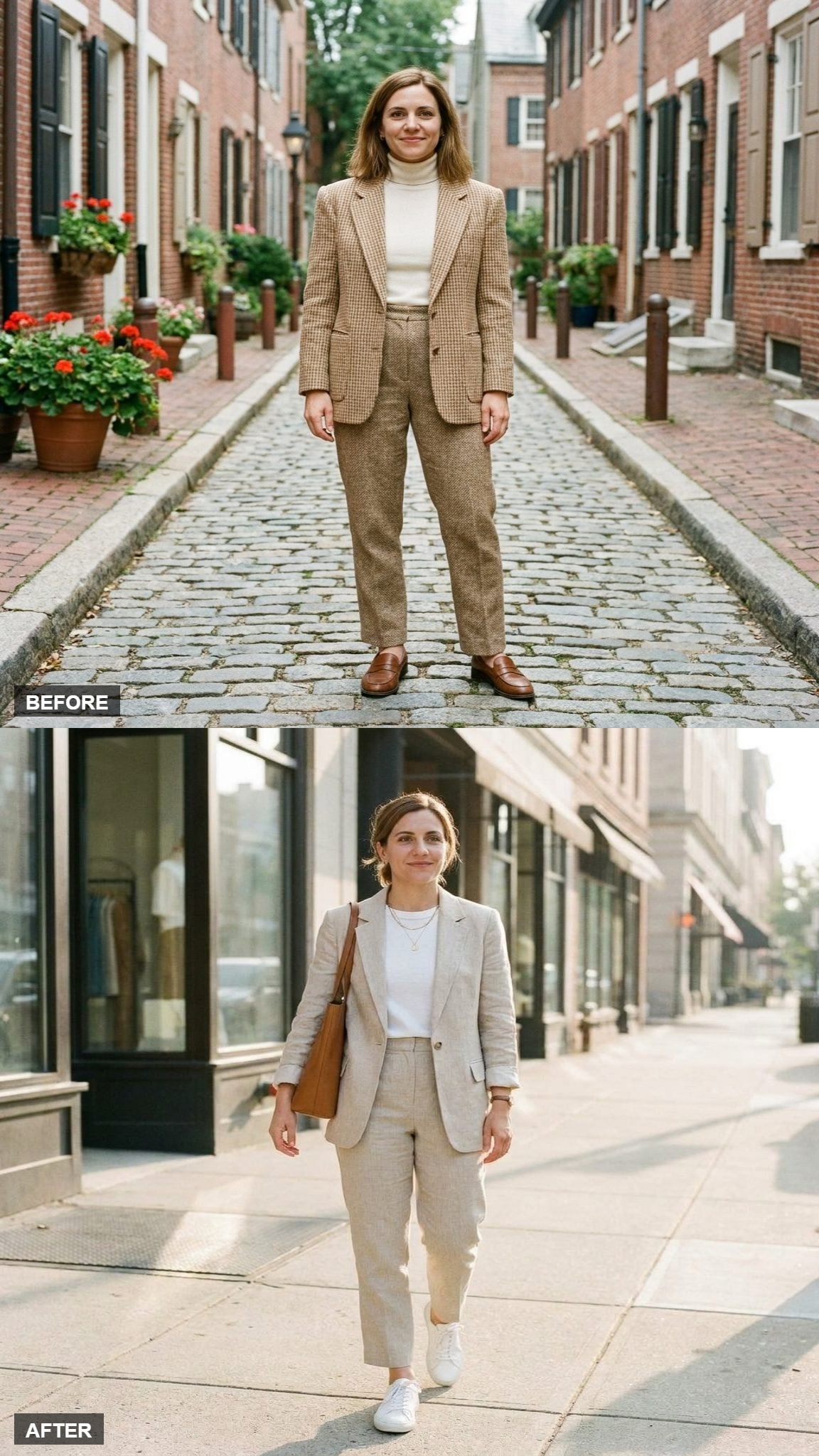 City Errands in Oatmeal Tailoring and White Sneakers