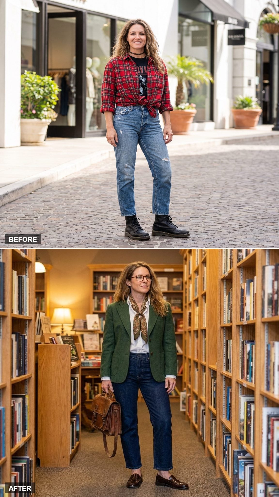 Forest green wool blazer with silk scarf, straight jeans, and brown loafers