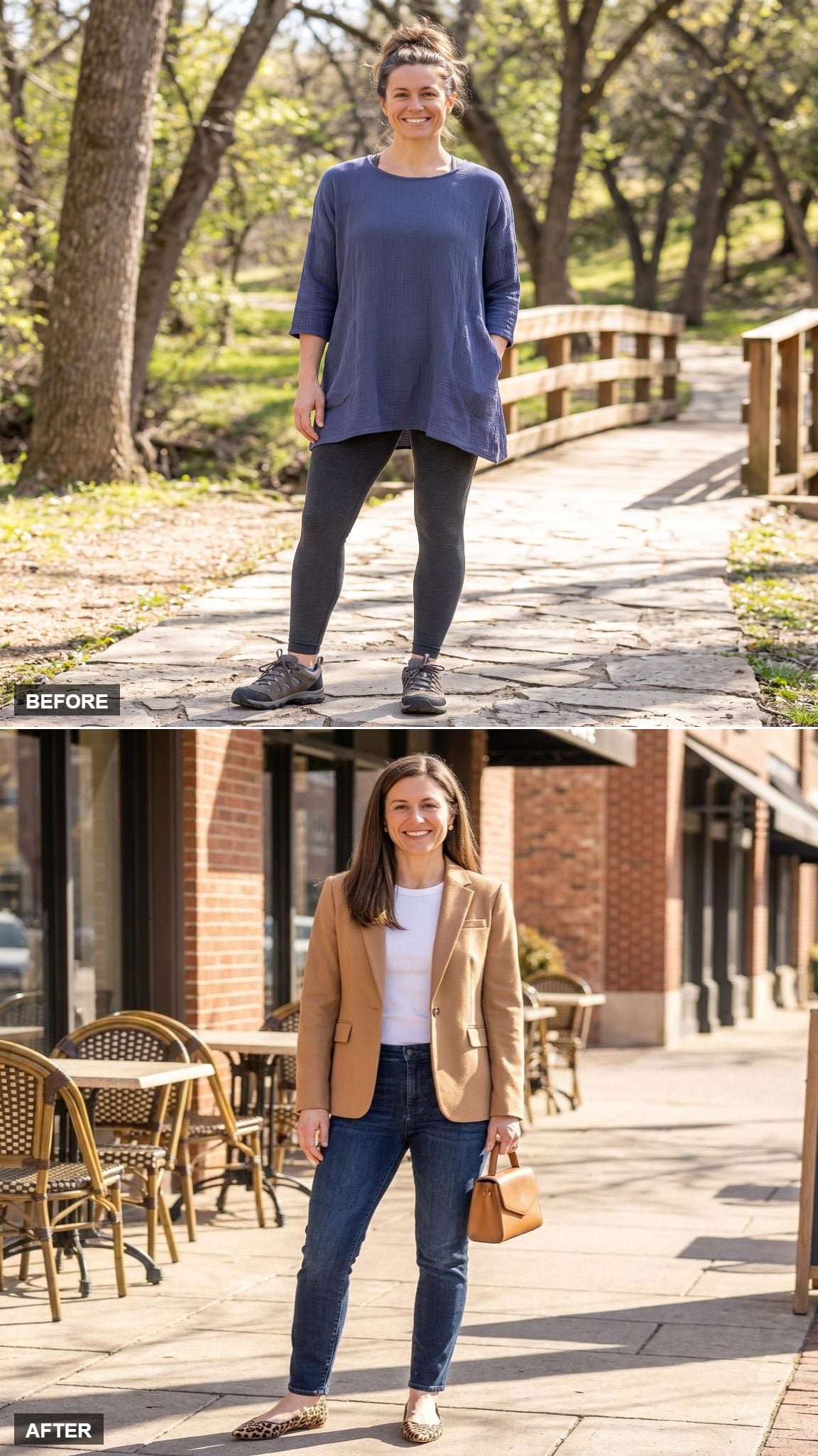City Lunch with a Friend in Camel Blazer, White Tee, Slim Jeans, and Leopard Flats