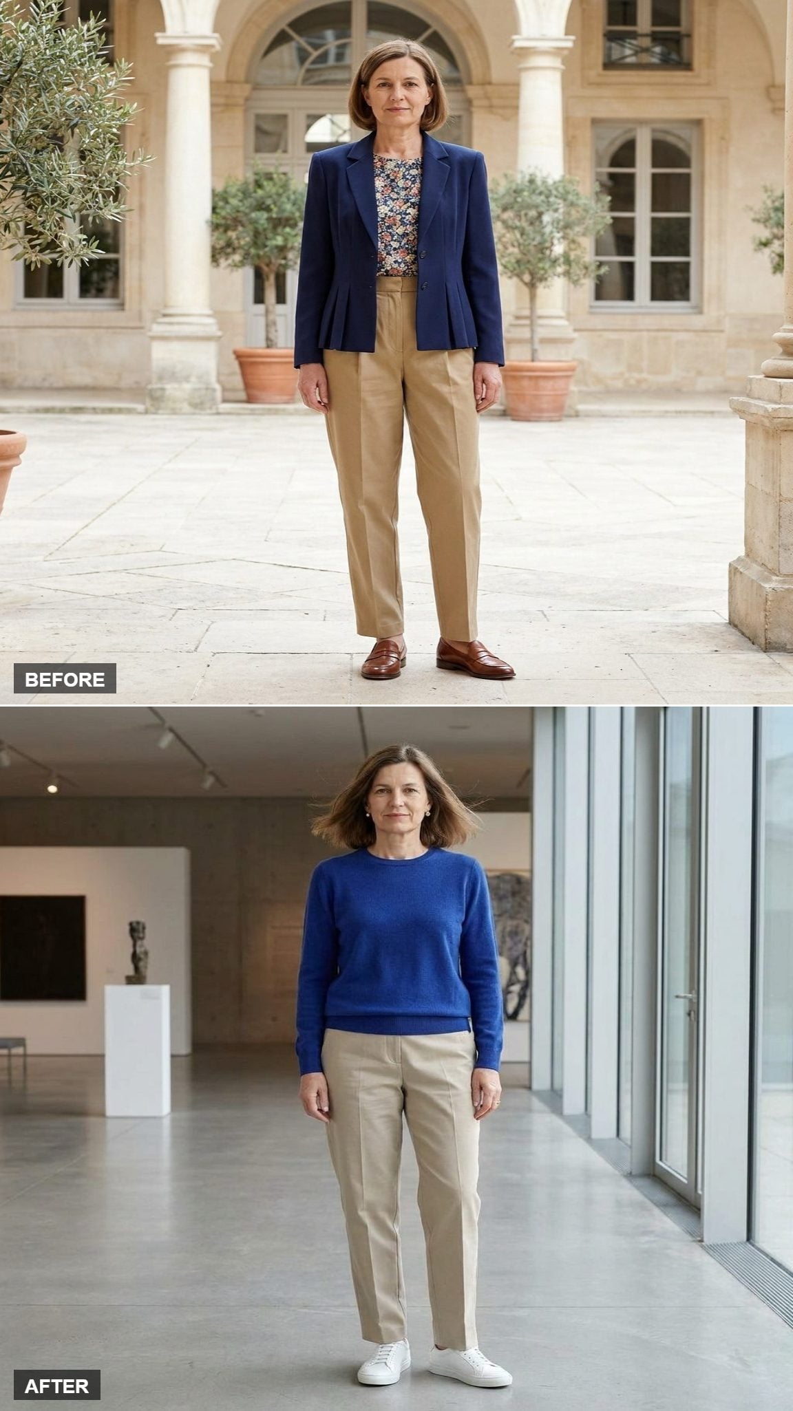 City Museum Day in a Cobalt Blue Crewneck, Tailored Stone Trousers, and White Clean Leather Sneakers