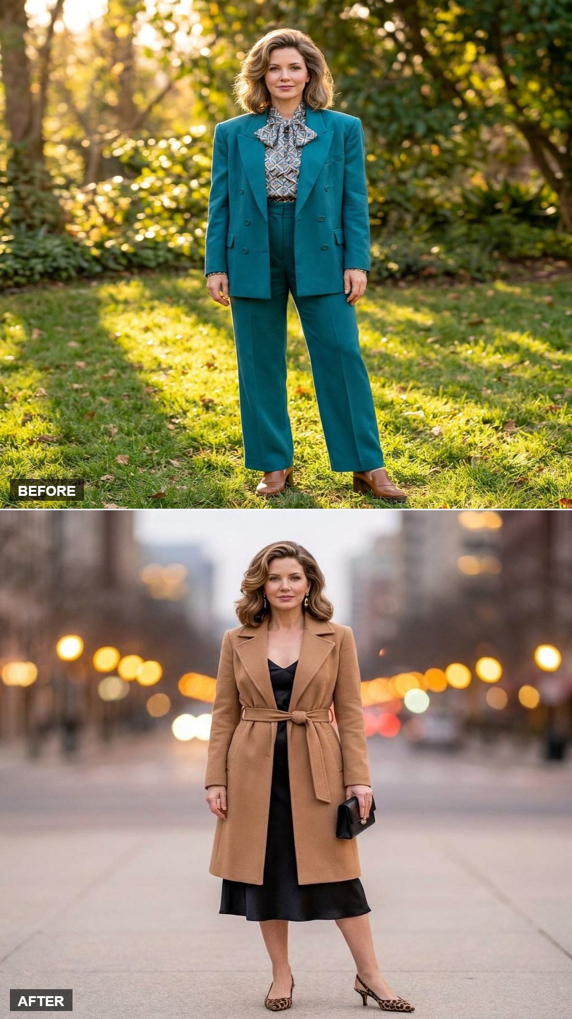 City-to-Cocktails in a Camel Trench Coat, Black Slip Dress, and Leopard-Print Kitten Heels