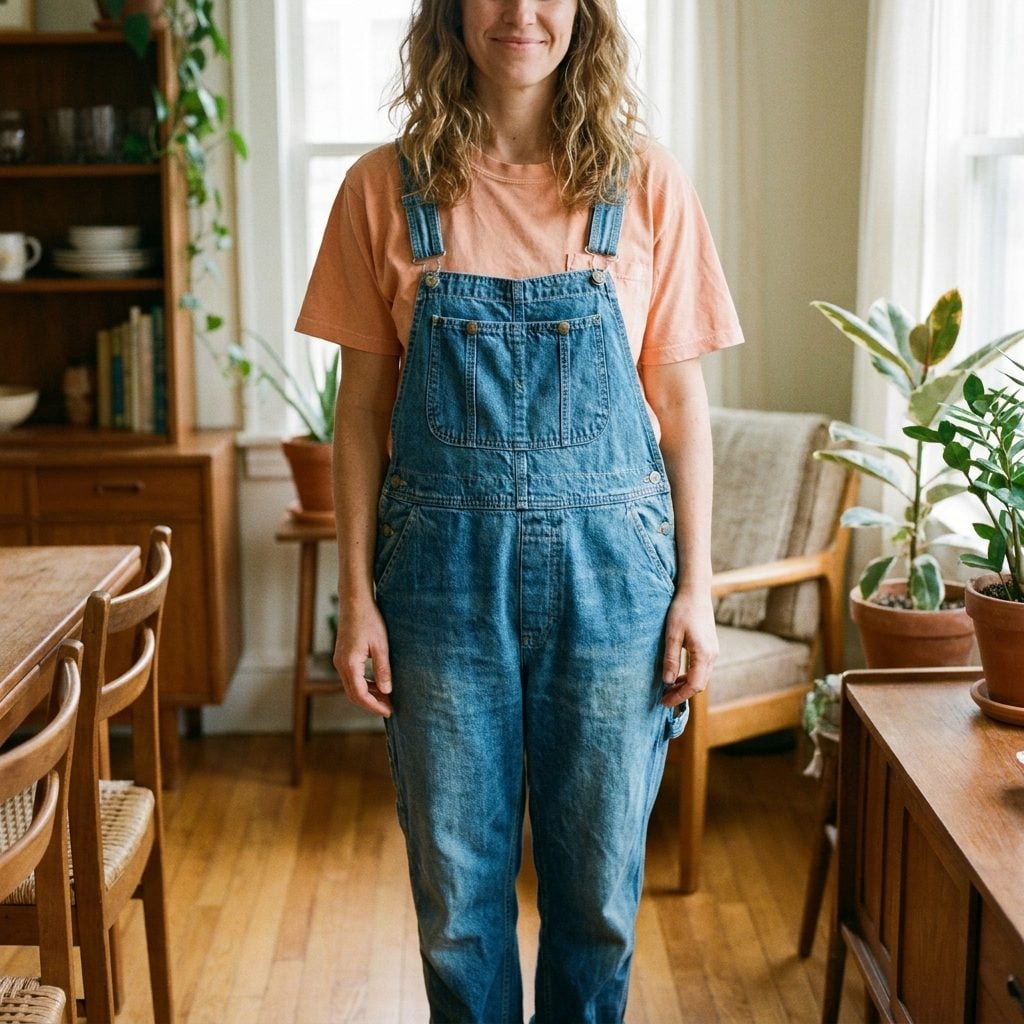 Loose-Bib Overalls Over a Peach Tee