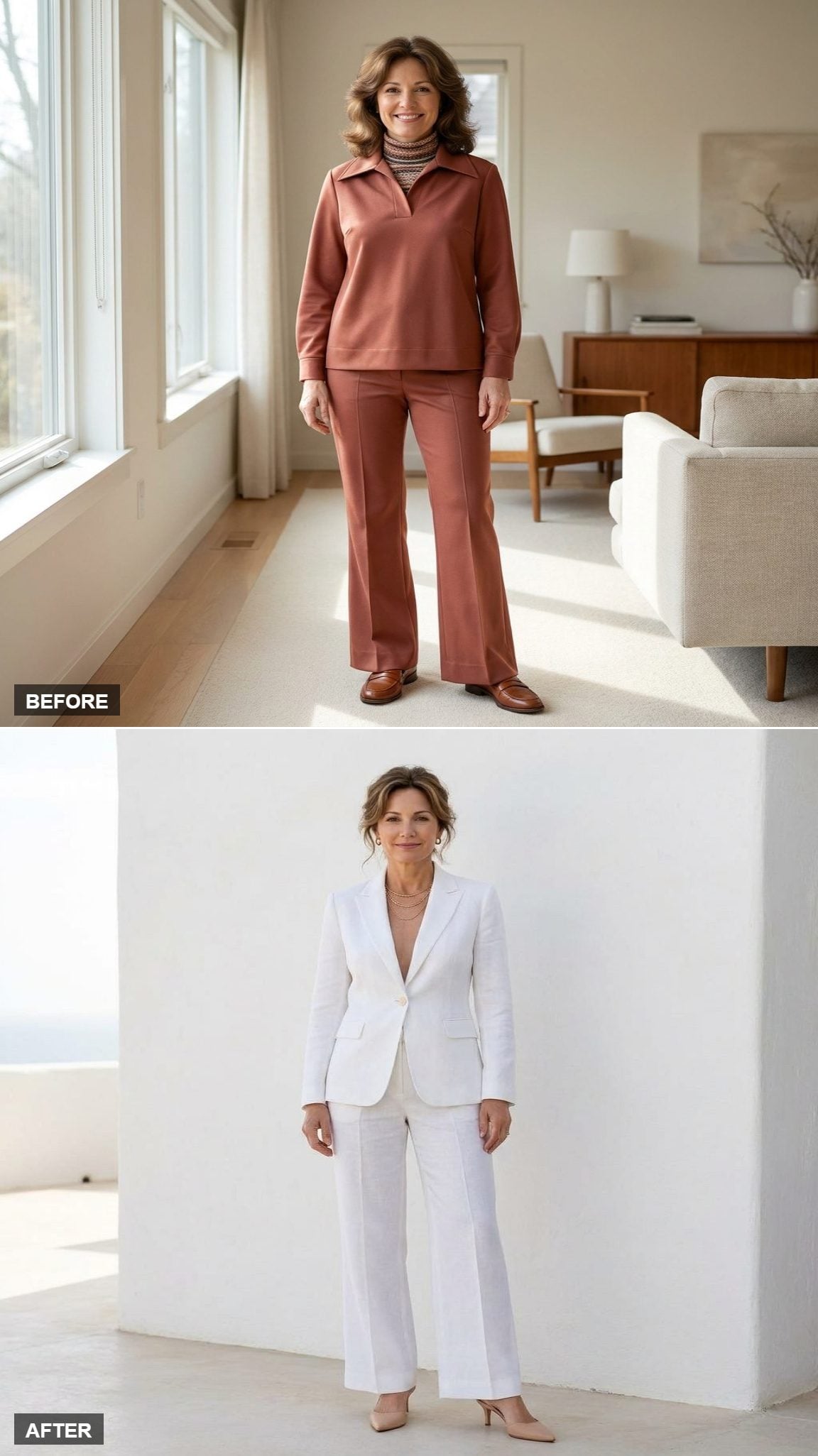 Coastal Dinner in a White Linen Wide-Leg Suit, Nude Slingback Heels, and Layered Gold Necklaces