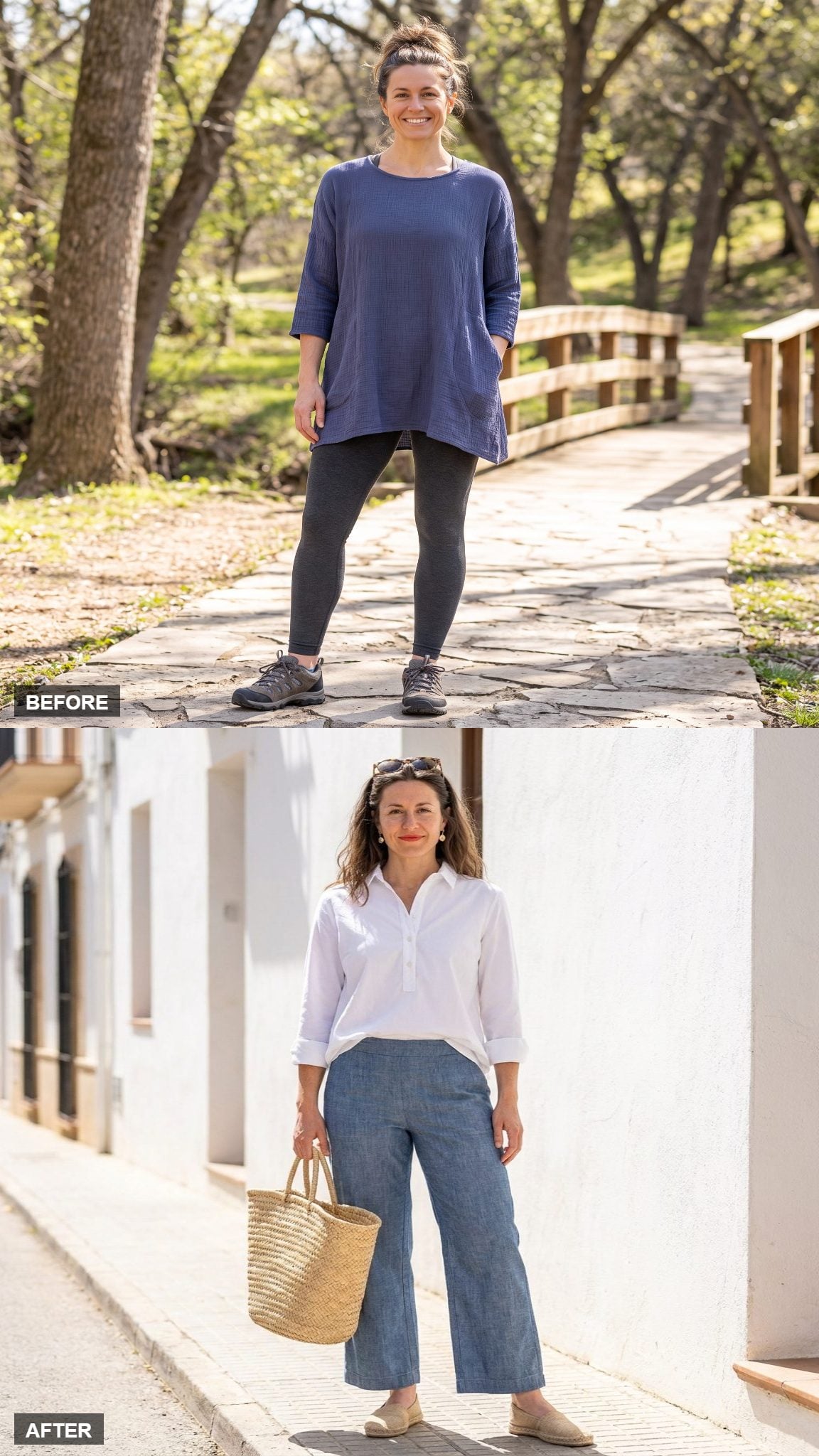 Coastal Errands in a White Poplin Popover, Chambray Wide-Legs, and Espadrille Flats