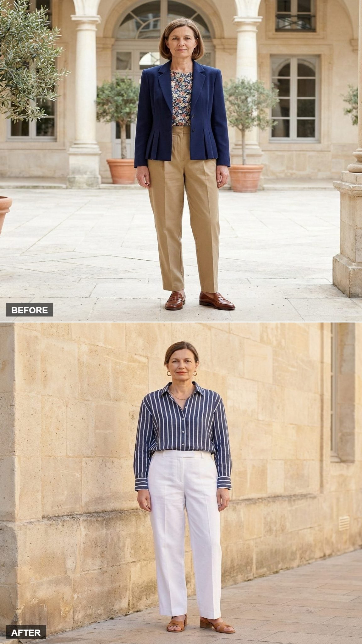 Coastal Grandmother Cool in a Navy Striped Linen Shirt, White Wide-Leg Trousers, and Gold Hoop Earrings