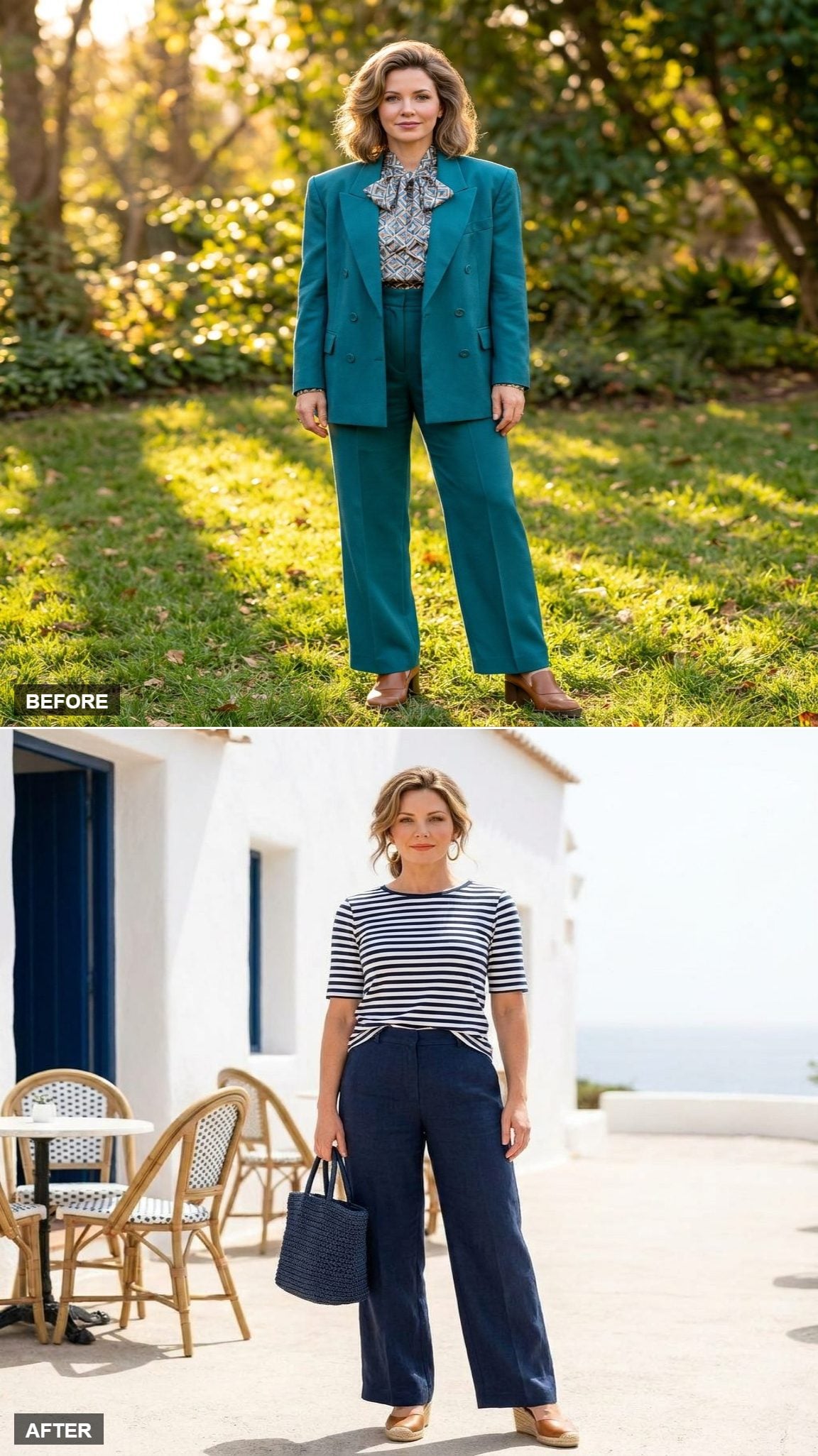 Coastal Grandmother Dinner in Navy Linen Wide-Legs, a Striped Breton, and Gold Hoops