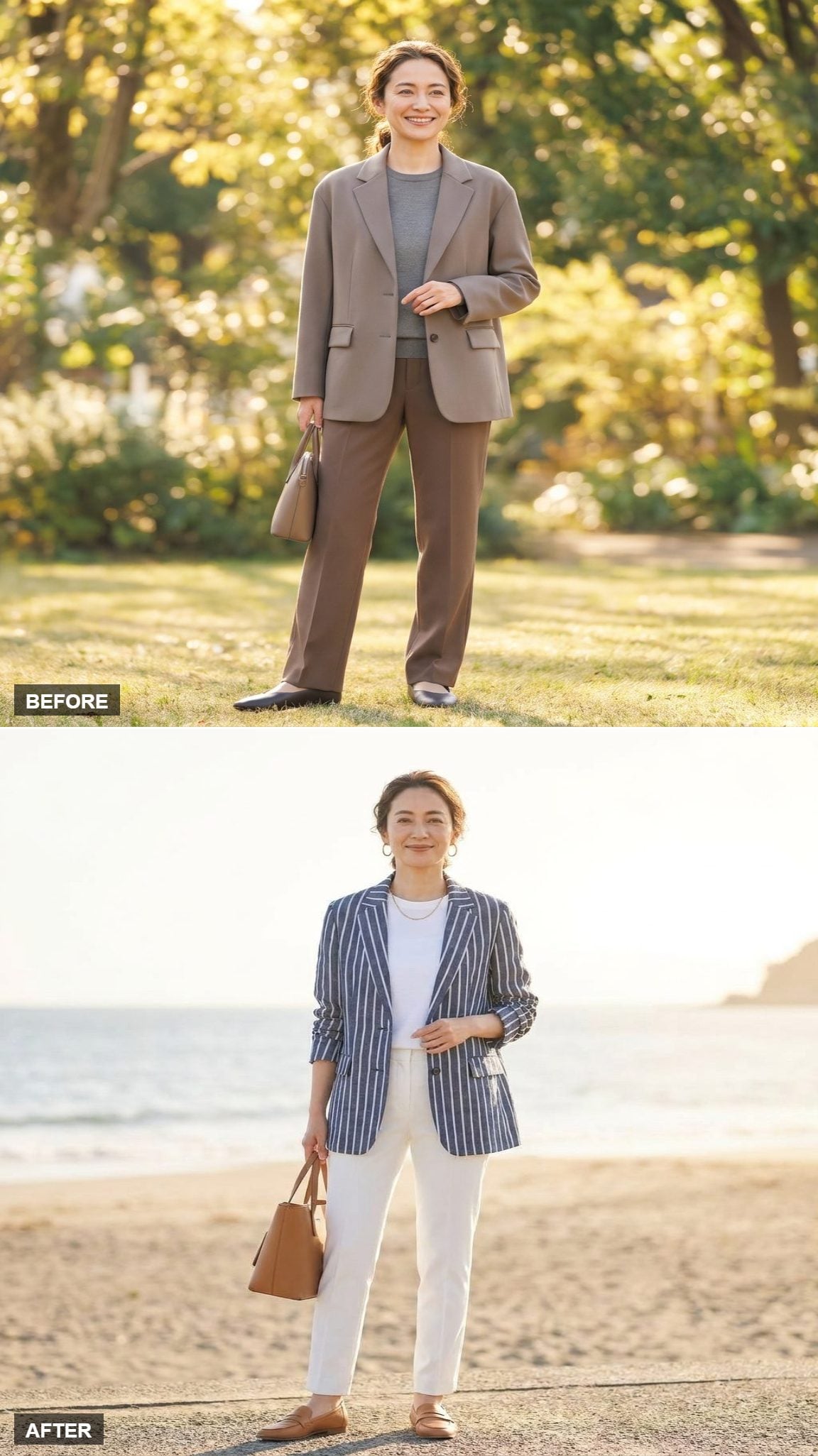 Coastal Grandmother Energy in a Navy Striped Linen Blazer and Gold Hoops